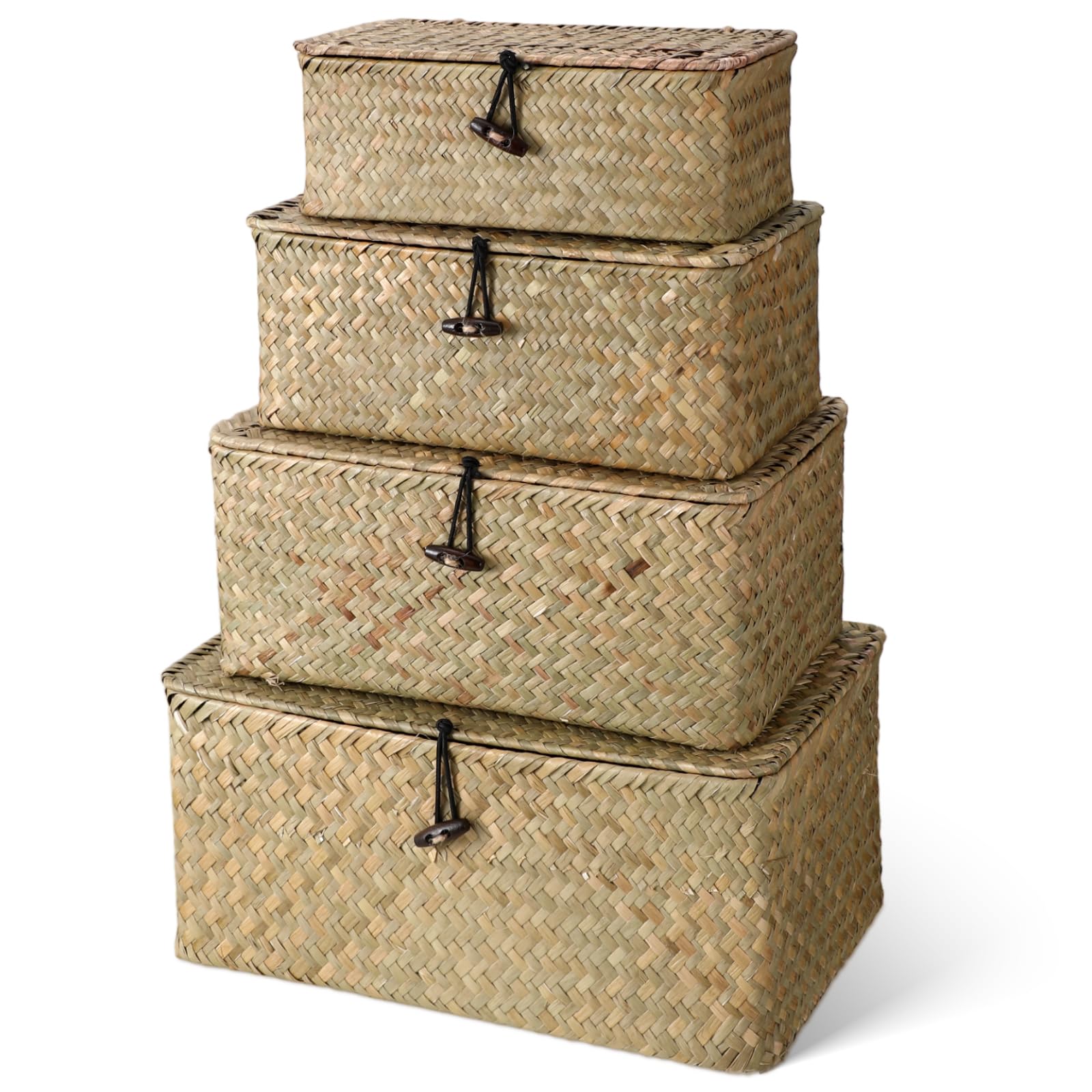 Woanger Set of 4 Seagrass Basket with Lids Woven Rattan Wicker Storage Basket Decorative Storage Boxes Rectangular Baskets for D
