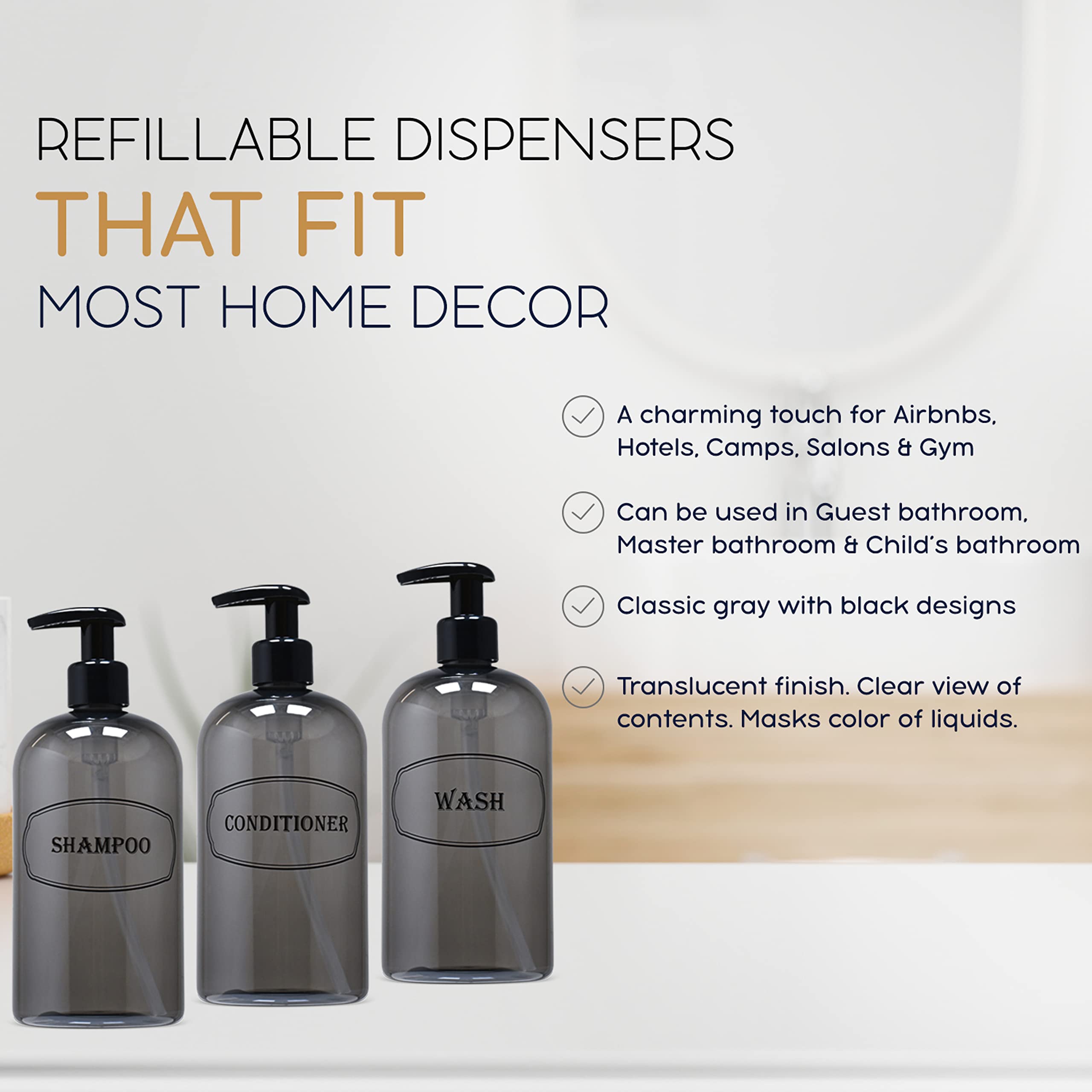 Bottiful Home-16 Oz Grey Shampoo, Conditioner, Wash Shower Soap Dispensers-3 Refillable Empty Pet Plastic Pump Bottle Shower Con