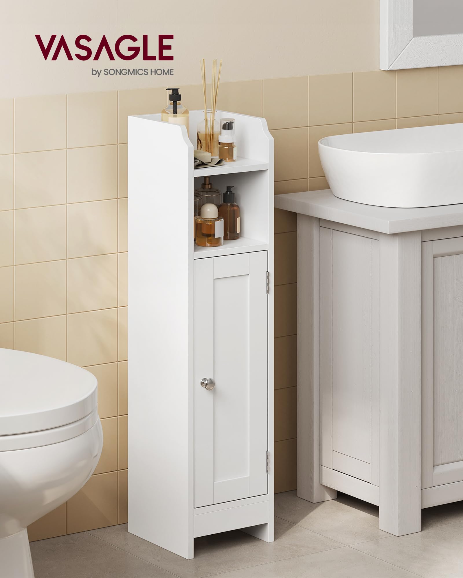 Vasagle Small Bathroom Storage Corner Floor Cabinet With Door And Shelves, Bathroom Storage Organizer, Narrow Bathroom Toilet Paper Storage Cabinet, Adjustable Shelves, White Ubbc310W01