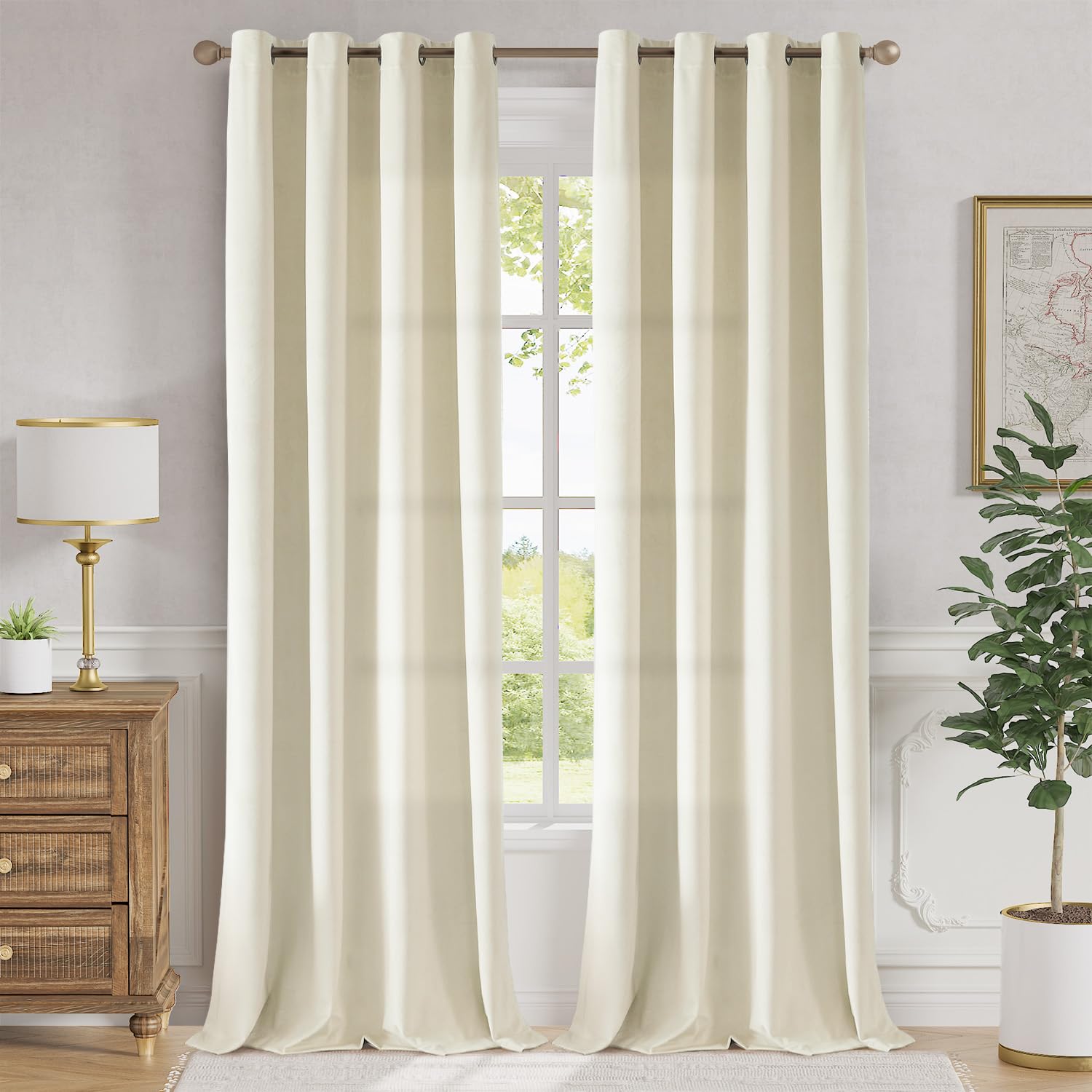 Lazzzy Ivory Velvet Curtains 108 Inches Long Light Filtering Thermal Insulated Grommet Top Drapes For Bedroom Living Window Trea