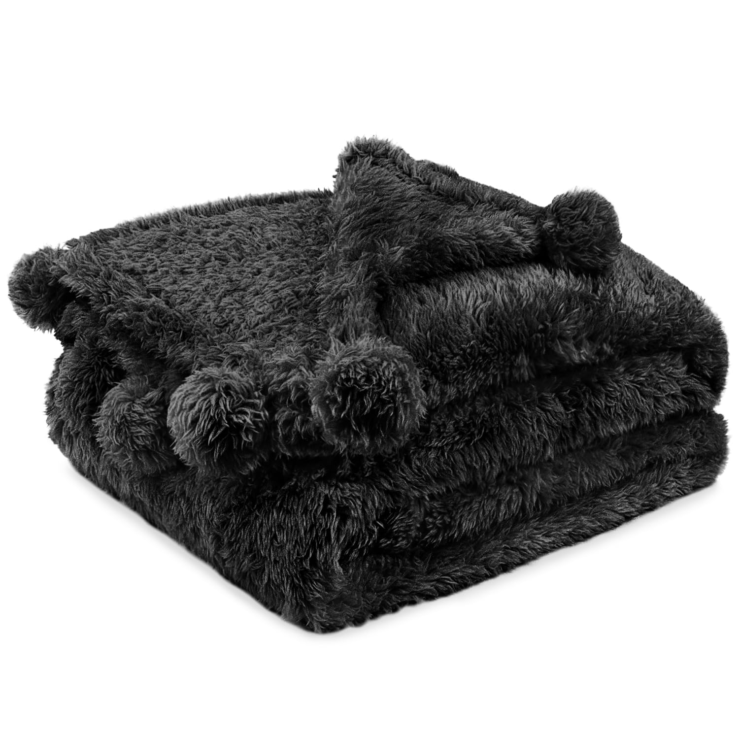Pavilia Black Sherpa Throw Blanket For Couch, Warm Plush Pom Pom Blanket Throw Twin, Black Fuzzy Sofa Blanket Throw For Bed, Lig