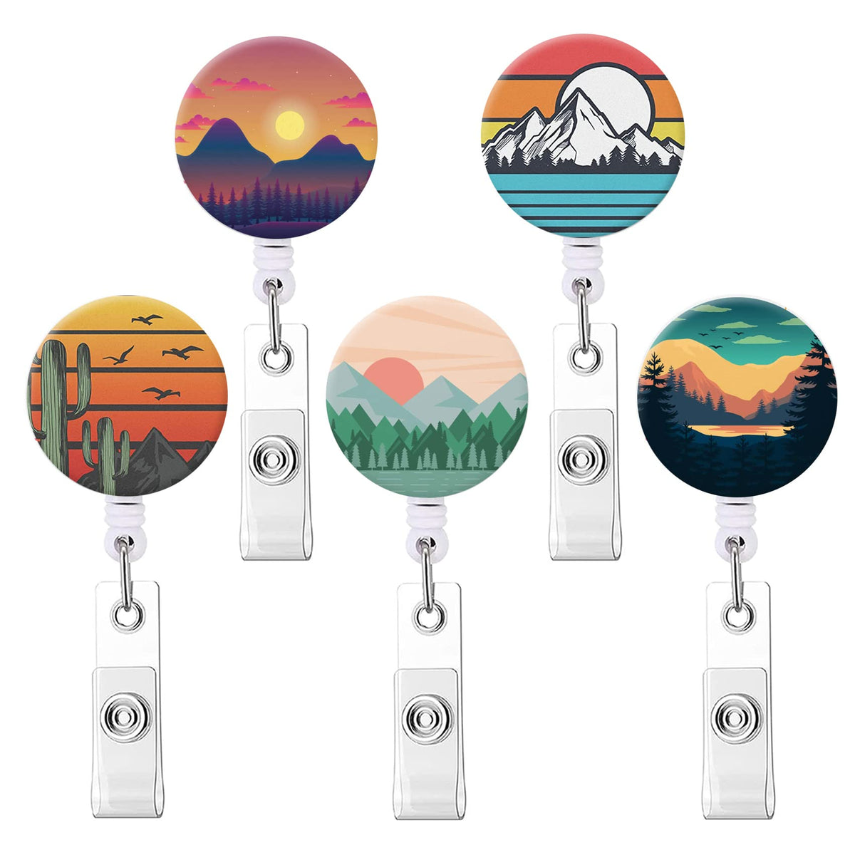 Badge Reel Retractable Nurse Badge Holder Cute Name Decorative Badge Reels With Clip On Id Card Holders (5 Pack Mountain Sky Sun