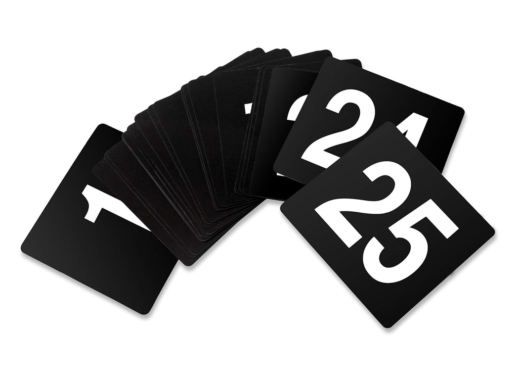 New Star Foodservice 23145 Double Side Plastic Table Numbers, 1 to 25, 4'' x 4'', Light Grey on Black