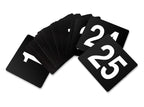 New Star Foodservice 23145 Double Side Plastic Table Numbers, 1 to 25, 4'' x 4'', Light Grey on Black