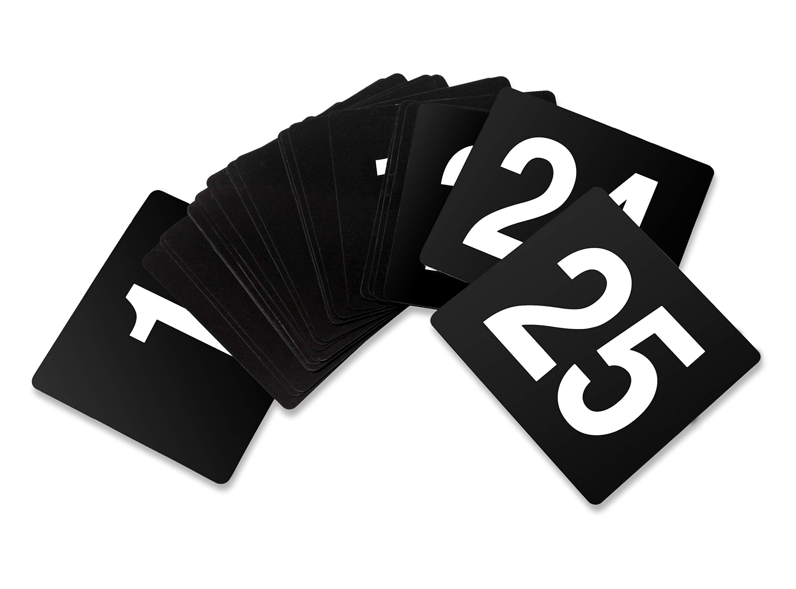 New Star Foodservice 23145 Double Side Plastic Table Numbers, 1 to 25, 4'' x 4'', Light Grey on Black