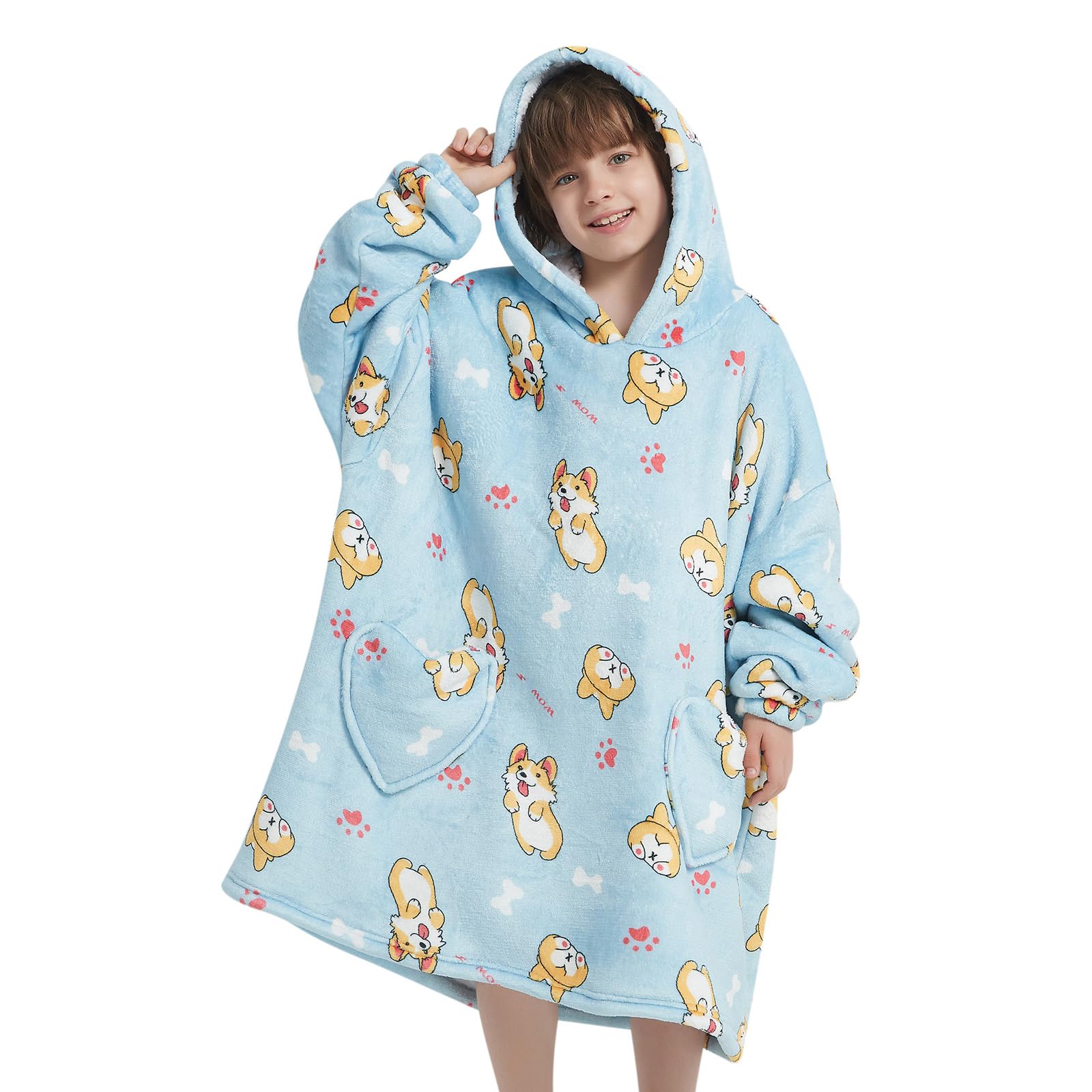 Fiosnow Corgi Blanket Hoodies For Kids 6-13Yr Oversize Wearable Blanket Hoodies For Boys Girls Teens