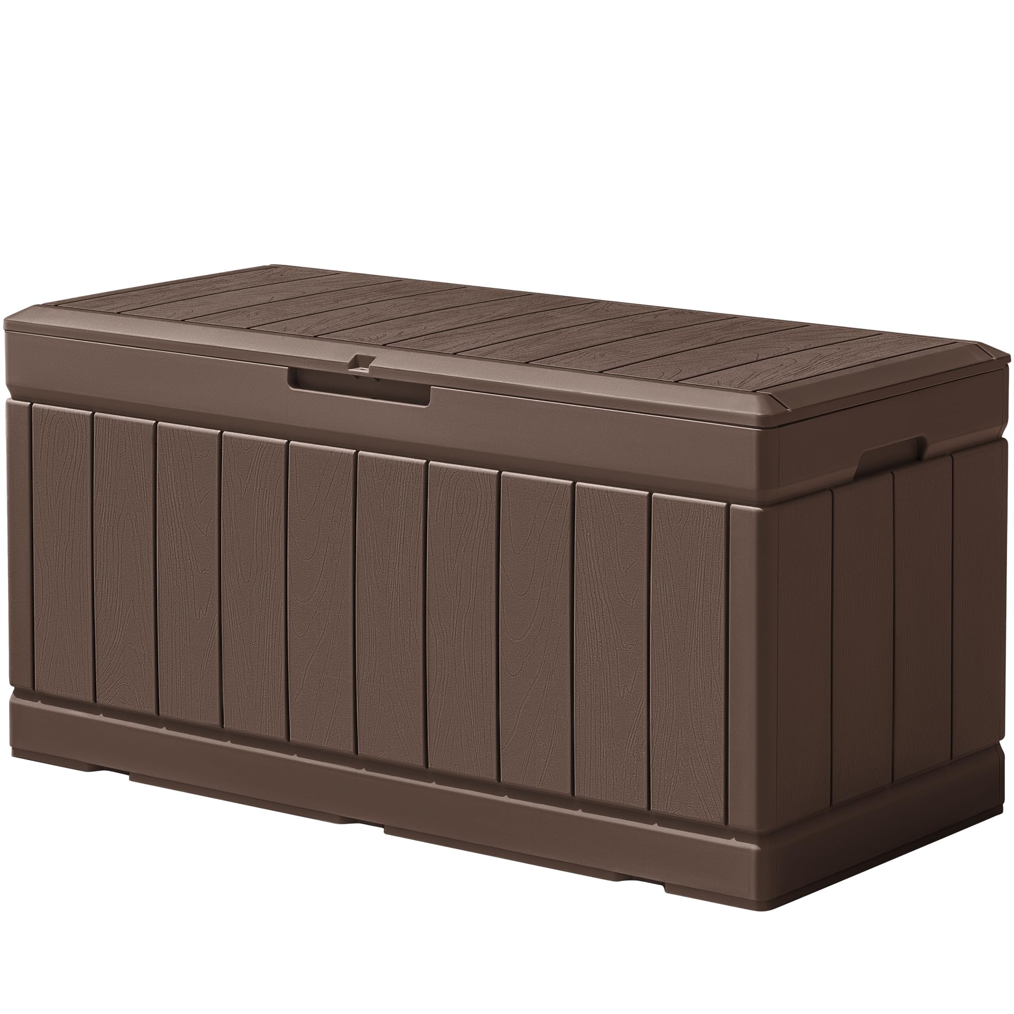 Flamaker Outdoor Storage Box 85 Gallon Resin Waterproof Deck Box With Wood Texture Large Storage Bin For Patio Cushions (Brown)