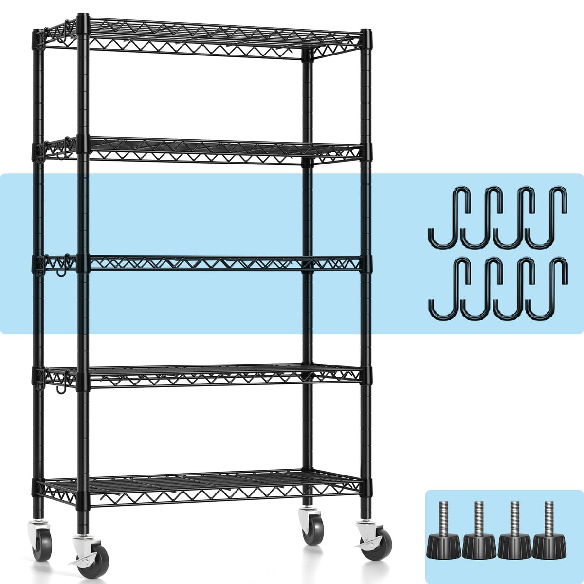 Hodonas Wire Shelving, 1900lbs Capacity 5 Tier Heavy Duty NSF Wire Shelf with Rolling Wheels Black Metal Storage Shelves Adjusta