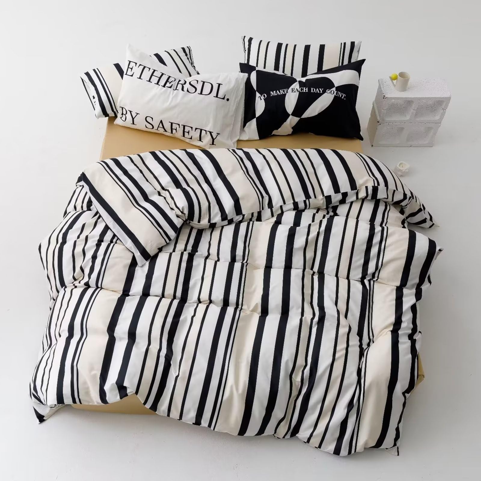 Luxlovery Black And White Comforter Set Full Striped Beige Black Bedding Comforter Men Modern Vertical Stripe Blanket Quilts Fas