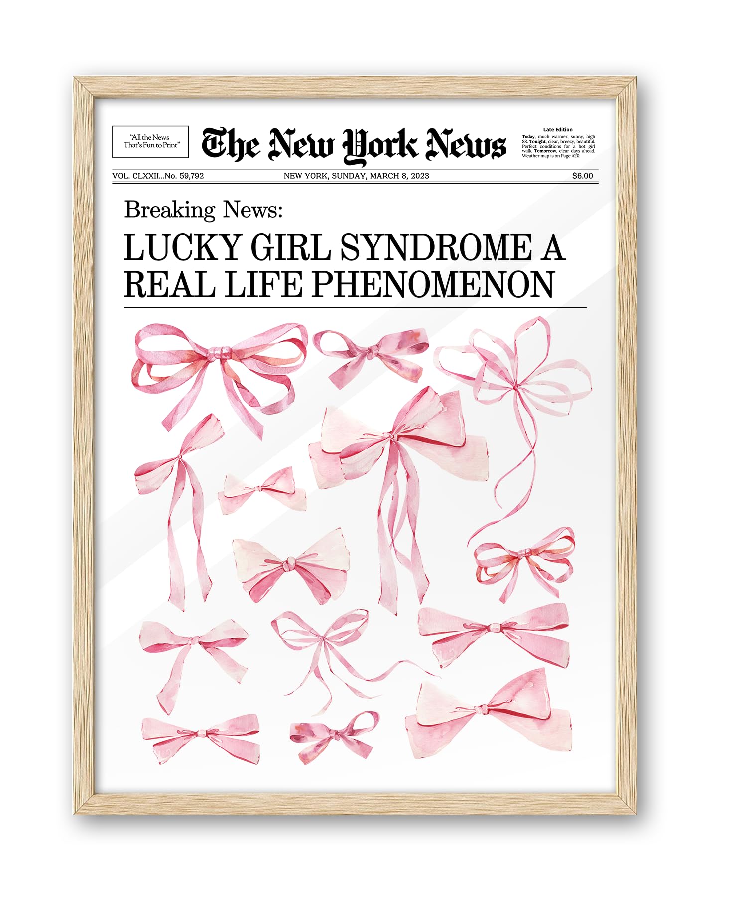 iHery Natural OAK Wood Trendy Retro Newspaper Headline Framed Wall Art, 12x16 in Pink Bow Poster Vintage Canvas Print, Beige Fra