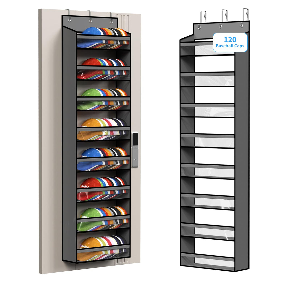 KEEPJOY 120 Caps Over Door Hat Rack for Baseball Caps, 8Tier Large Capacity Hanging Hat Storage Organizer with Clear Deep Pocke