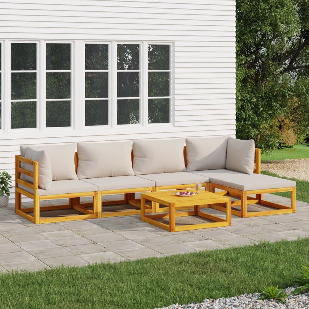 vidaXL 6 Piece Patio Lounge Set, Outdoor Furniture Set with Comfortable Light Gray Cushions, Made of Solid Acacia Wood, Flexible Design, Easy Assembly and Weather Protection