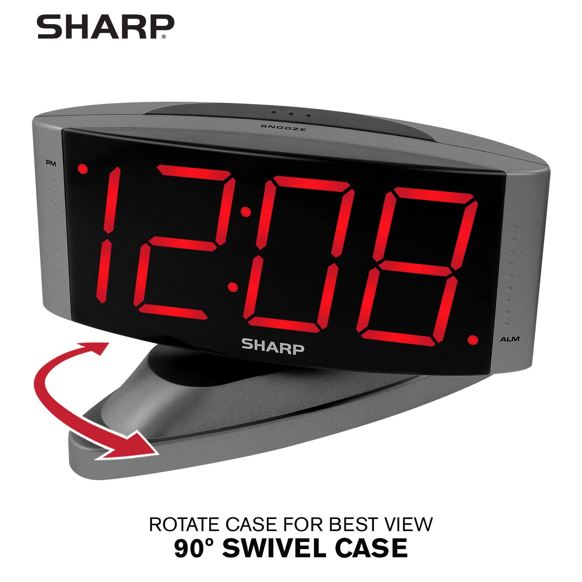 SHARP LED Digital Alarm Clock - Swivel Base, Outlet Powered, Big Red Display, Gun Metal Grey Case, Simple Operation, Snooze, Brightness Dimmer