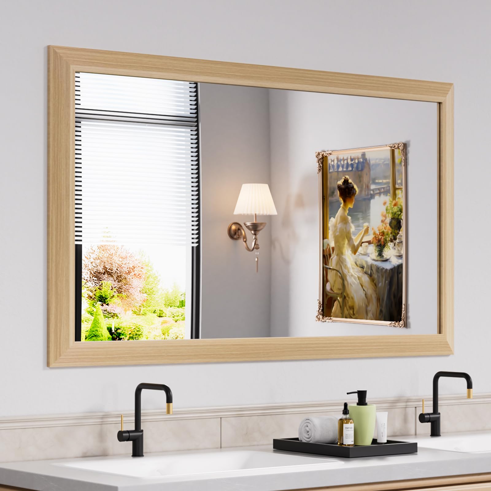 Amorho 50 X30 Inch Bathroom Mirror for Wall, Oak Wood Grain Metal Framed Mirror, Anti-Rust, Hang Horizontally/Vertically, Suitab