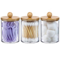 VITEVER 3 Pack Qtip Holder Dispenser with Bamboo Lids - 10 oz Clear Plastic Apothecary Jar Containers for Vanity Makeup Organize