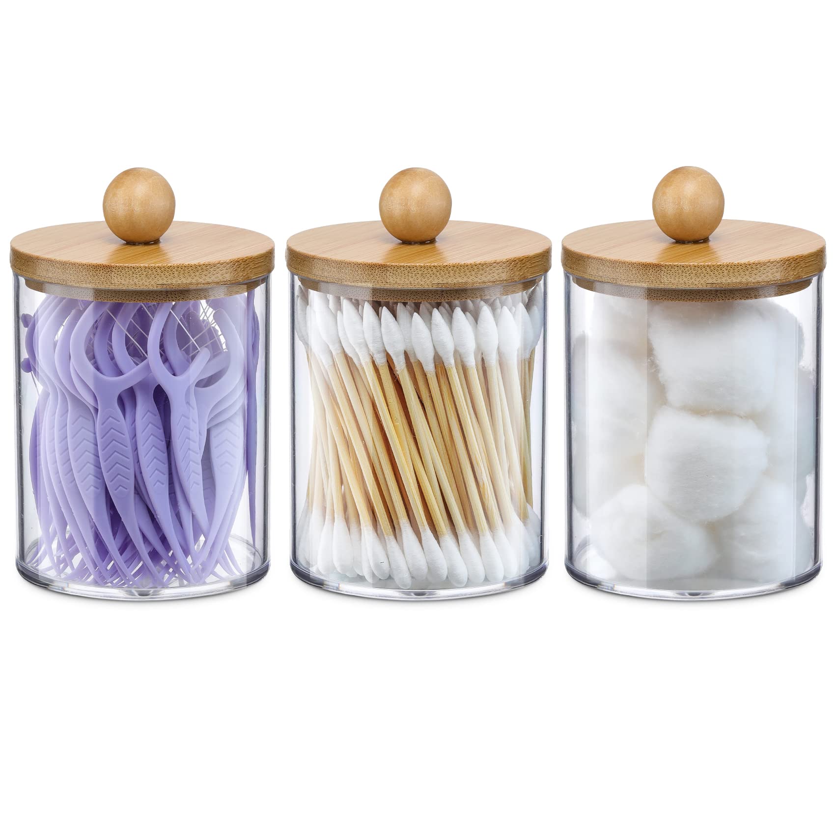 VITEVER 3 Pack Qtip Holder Dispenser with Bamboo Lids - 10 oz Clear Plastic Apothecary Jar Containers for Vanity Makeup Organize
