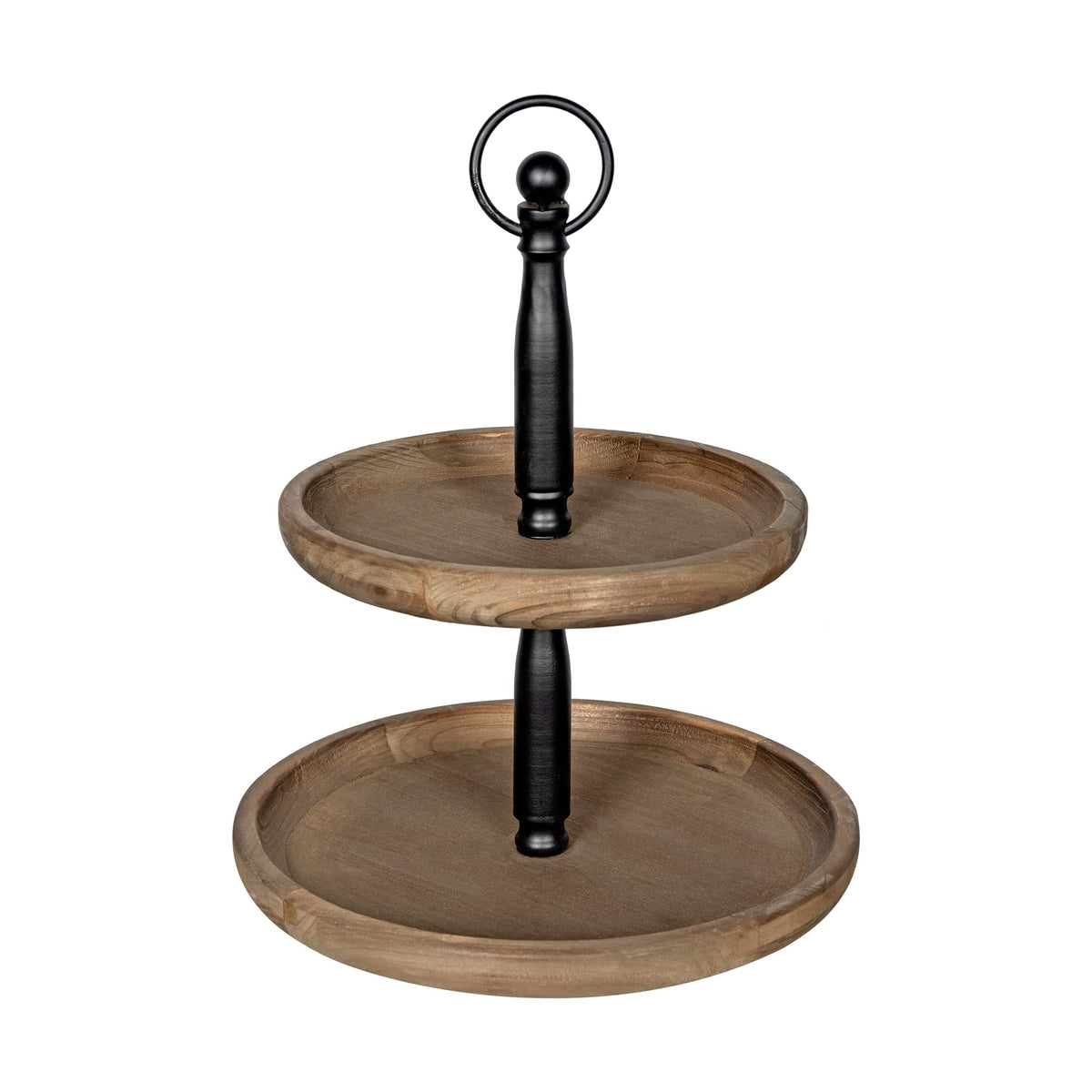 Stratton Home Decor 2 Tiered Natural Wood and Black Metal Decorative Tabletop Tray Stand