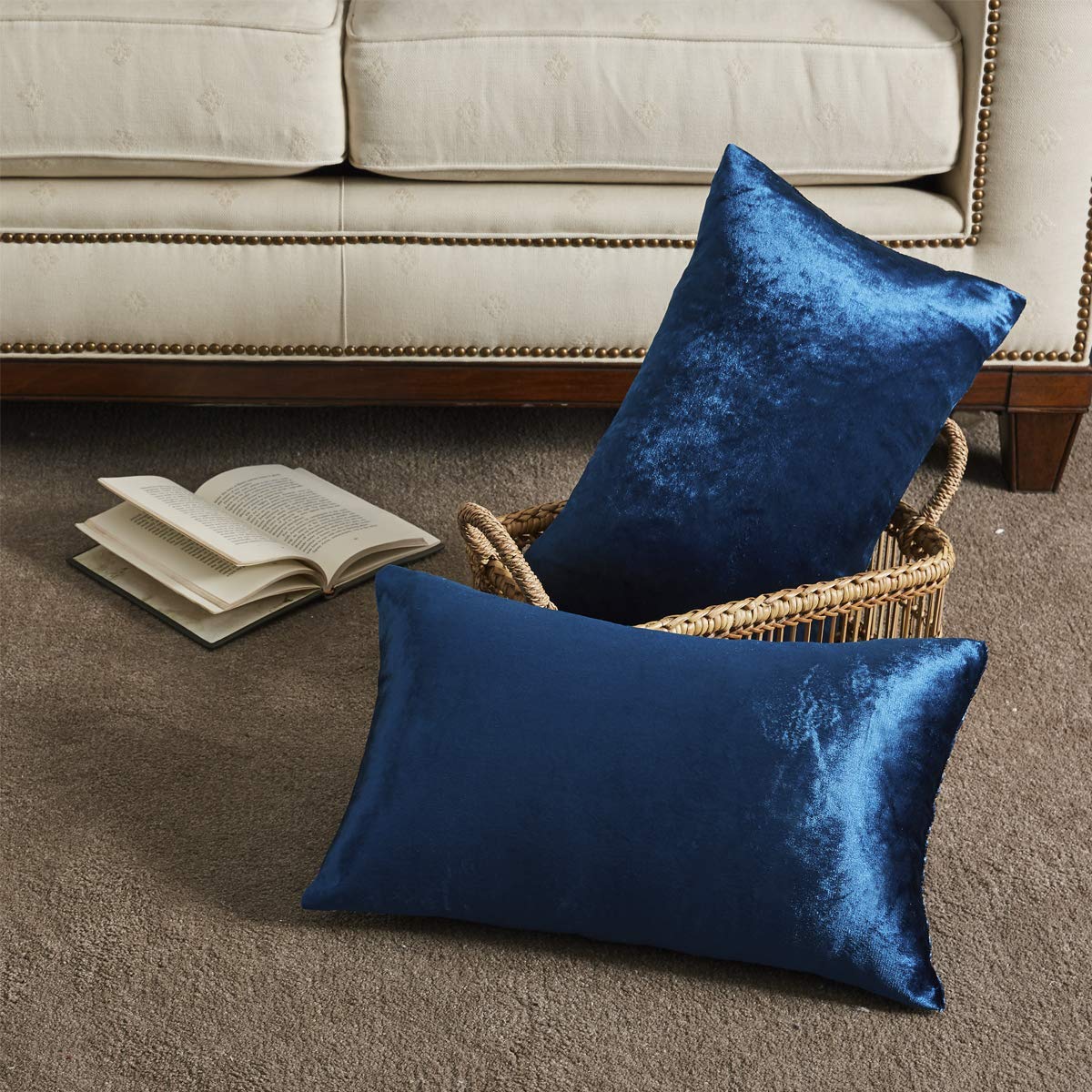 Gigizaza Blue Velvet Decorative Throw Pillow Covers For Sofa Bed 2 Pack Soft Cushion Cover (Royal Blue, 12 X 20- Set Of 2)