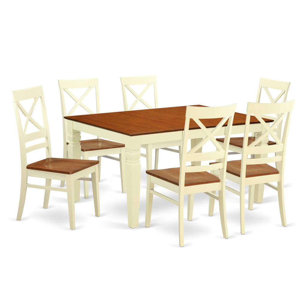 East West Furniture WEQU7-BMK-W 7 Piece Kitchen Table Set Consist of a Rectangle Dining Table with Butterfly Leaf and 6 Dining Room Chairs, 42x60 Inch, Buttermilk & Cherry