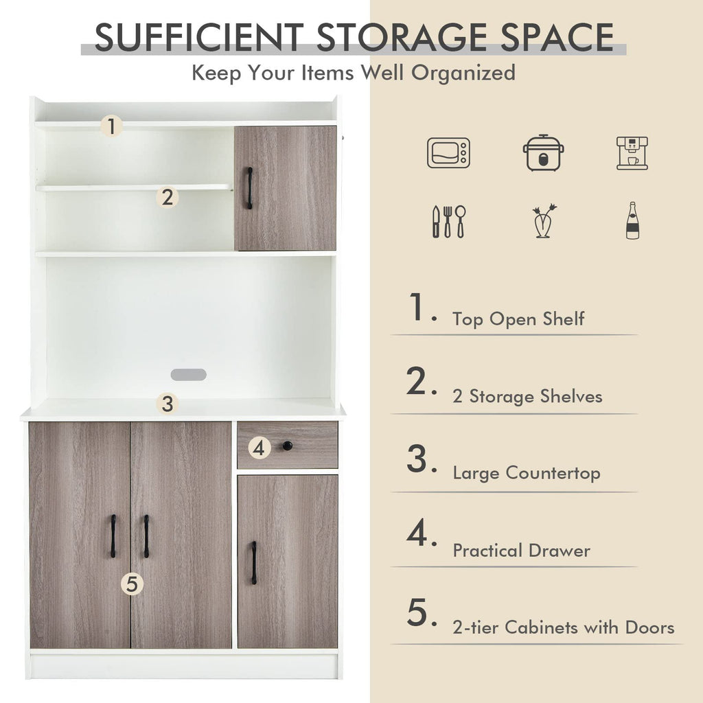 Costway Kitchen Hutch Storage Cabinet, 71' Freestanding Buffet With Hutch, Adjustable Shelves, Drawers And Doors, Tall Kitchen Pantry Cabinet With Countertop For Dining Room, Home, White