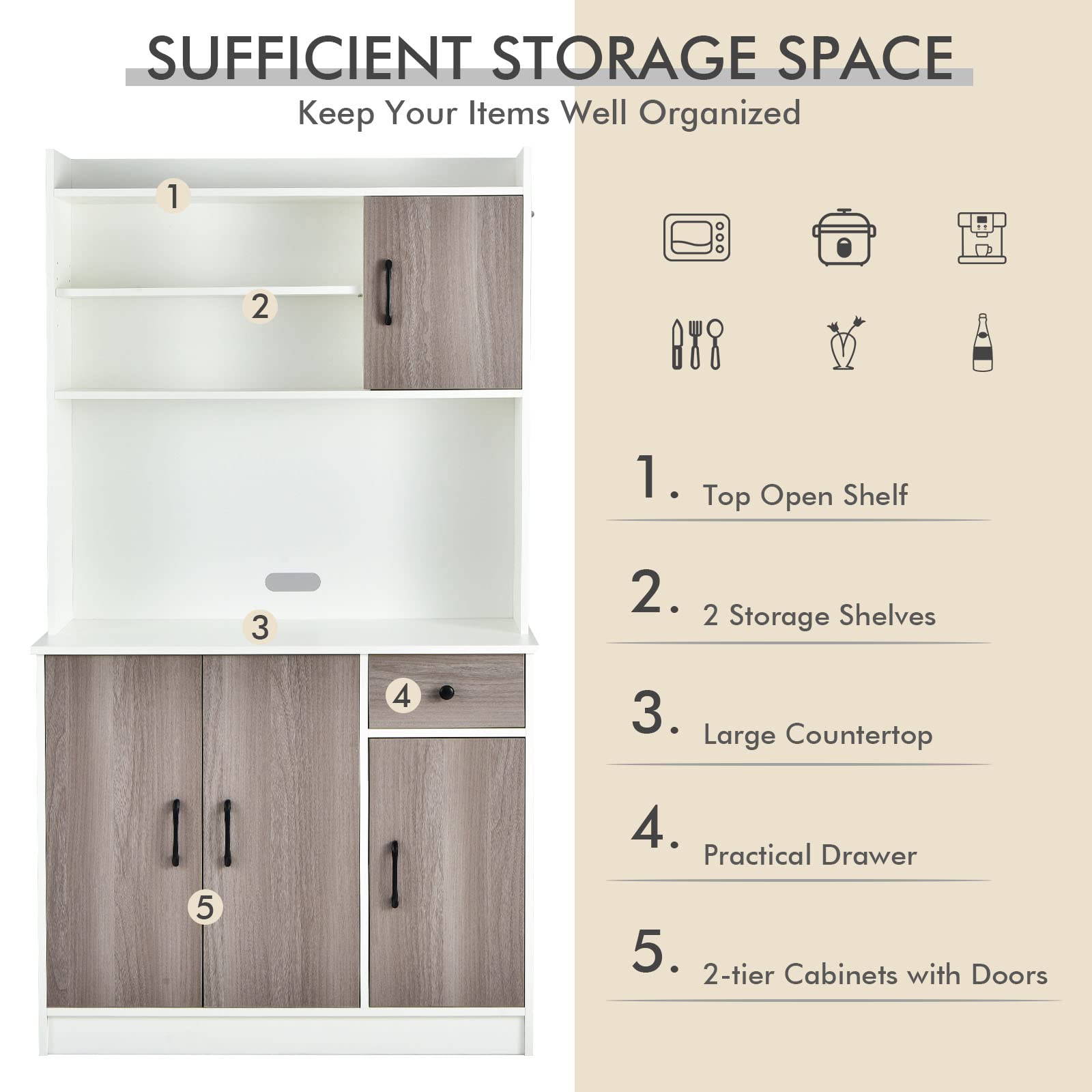 Costway Kitchen Hutch Storage Cabinet, 71' Freestanding Buffet With Hutch, Adjustable Shelves, Drawers And Doors, Tall Kitchen Pantry Cabinet With Countertop For Dining Room, Home, White