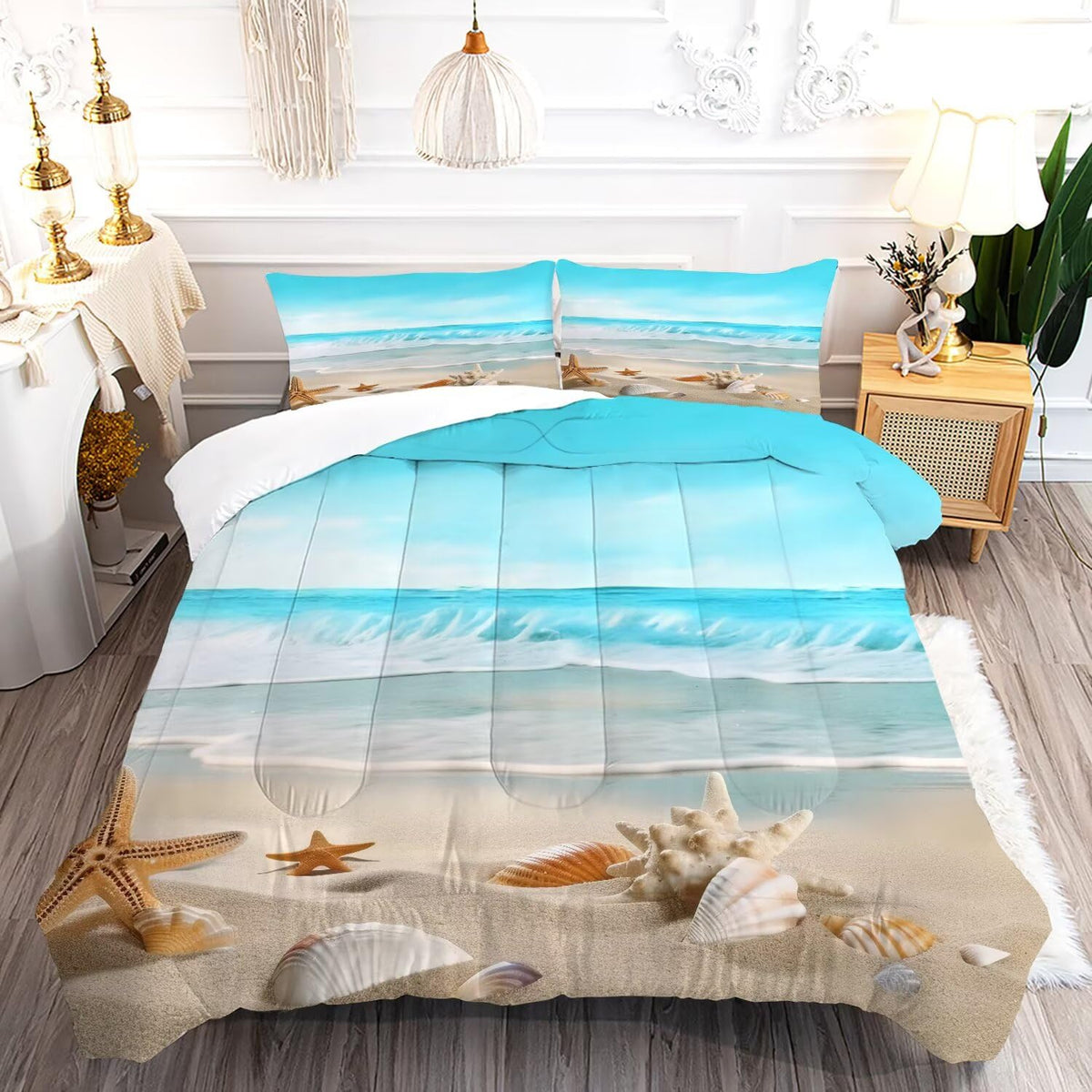 Fuyeun Blue Coastal Comforter Set Full, Beach Nature Theme Bedding For Boys Girls Women Bedroom, Ocean Starfish Qulit Sets, 1 Co