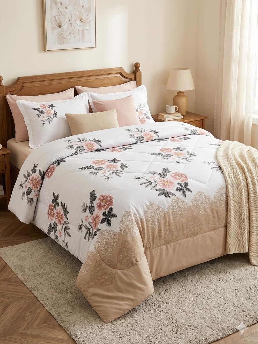 Rj Victoria Floral Comforter Set, White And Beige, 4 Piece Set With Comforter, Bedsheet And 2 Pillow Covers