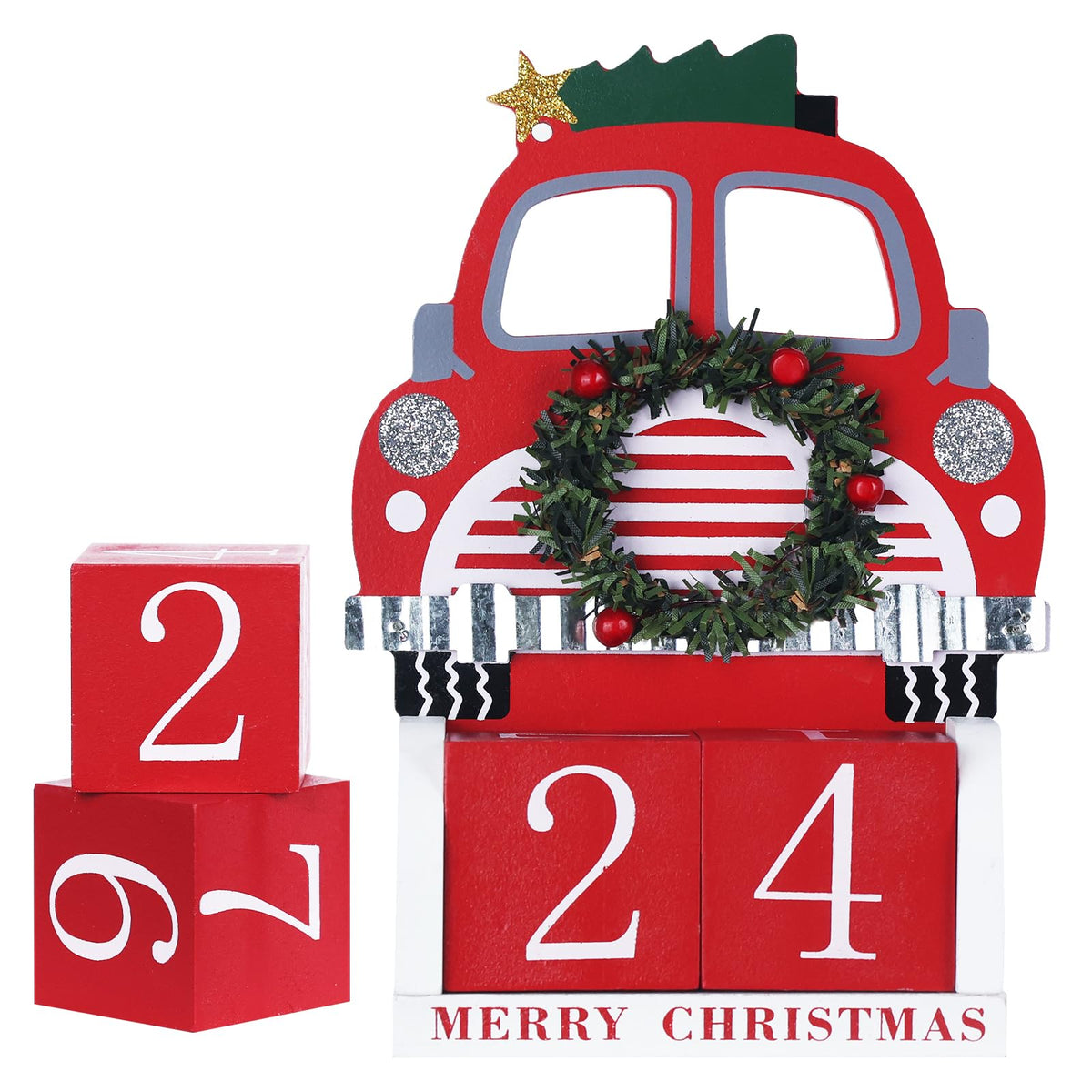 Christmas Countdown Decorations Indoor, DECSPAS Red Truck Wood Block with Two Movable Numeral Dices Christmas Decor, Count 31 Da