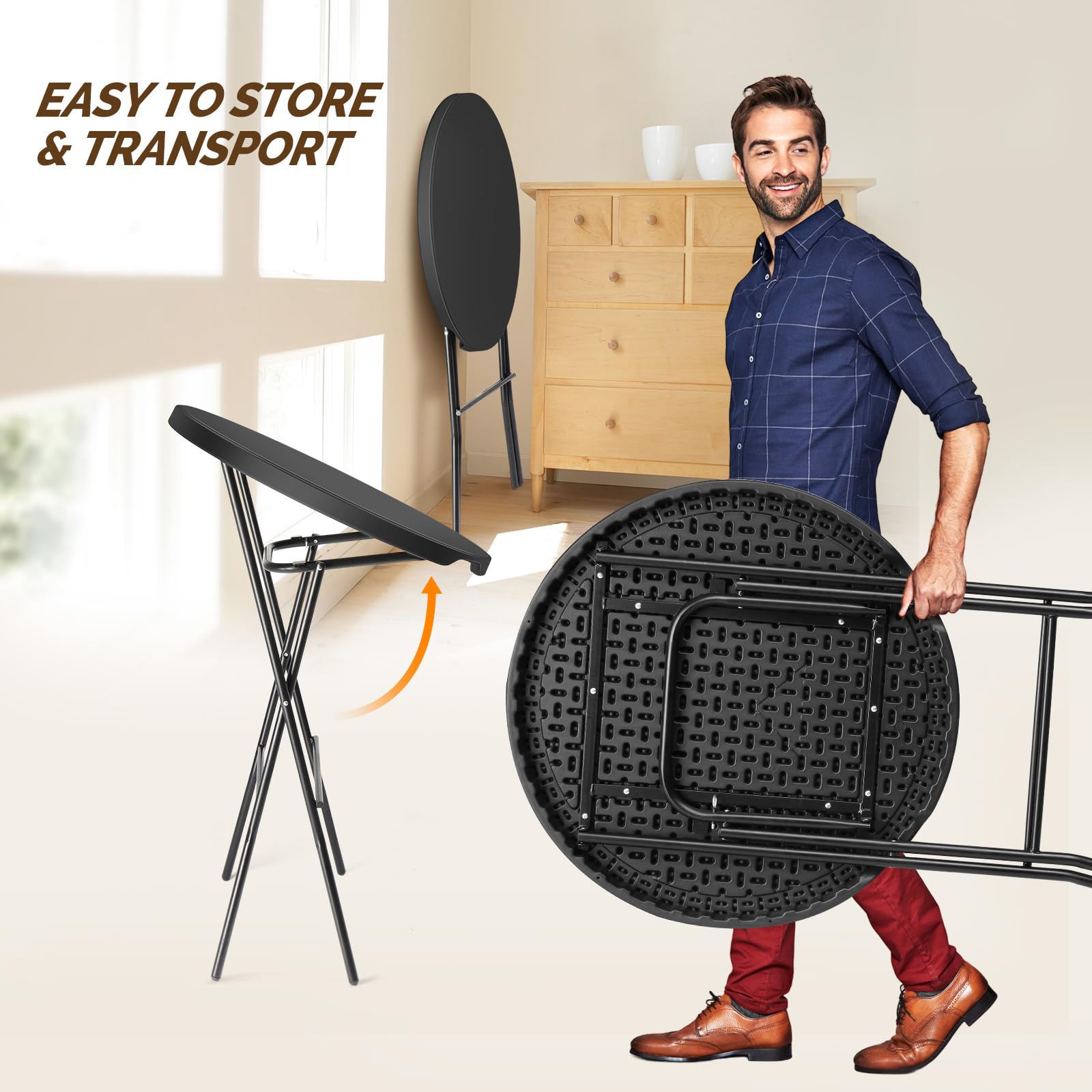 Vingli 32' Plastic Folding Round Table Bar Height, Hdpe Matrial With Gray Metal Finish, High Top Table For Outdoor Party, Cafes, Restaurants, Backyard, Dining Room, Wedding Event,1 Pack, Black