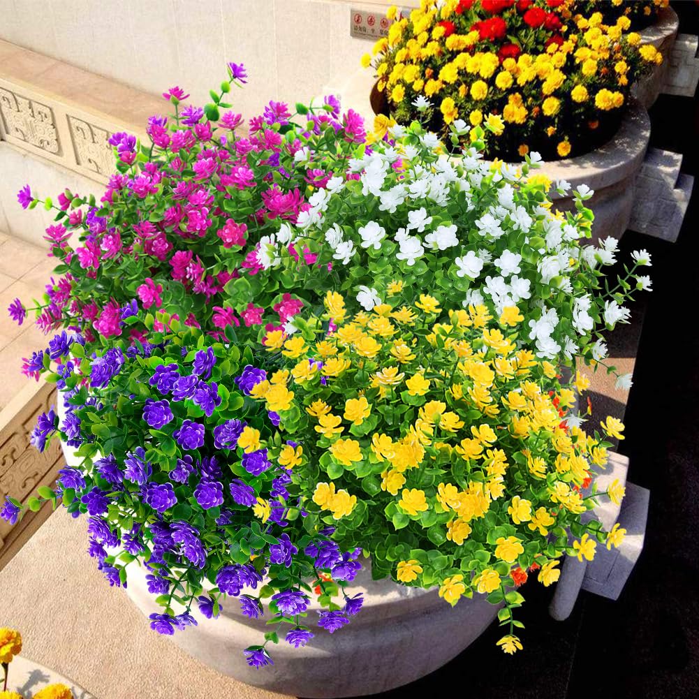 Klemoo 8 Bundles Outdoor Artificial Fake Flowers Uv Resistant No Fade Boxwood Faux Plastic Shrubs Plants For Garden Patio Porch