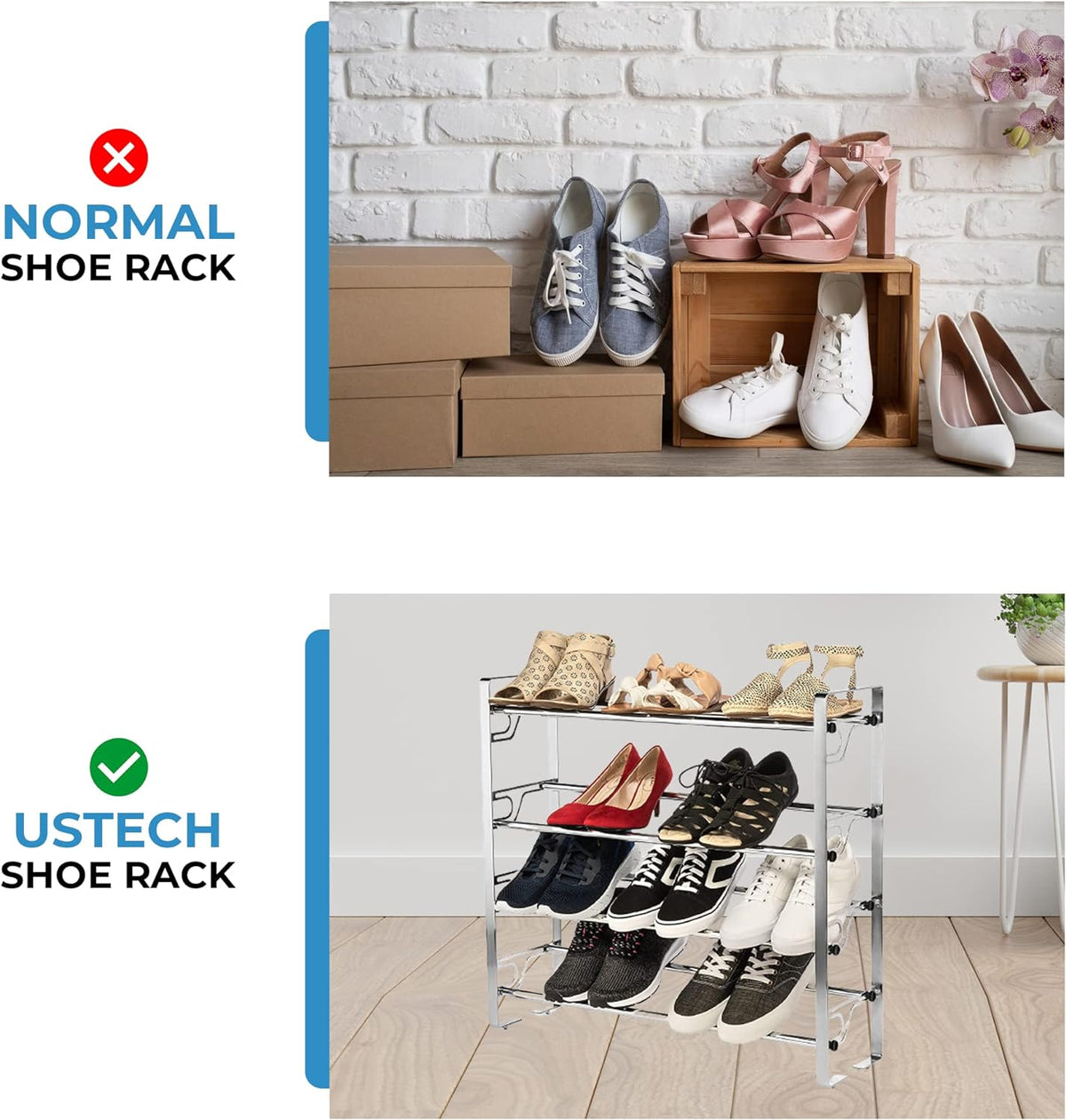 4-Tier Adjustable Expandable Freestanding Shoe Rack with Slide-N-Adjust, Chrome Finish