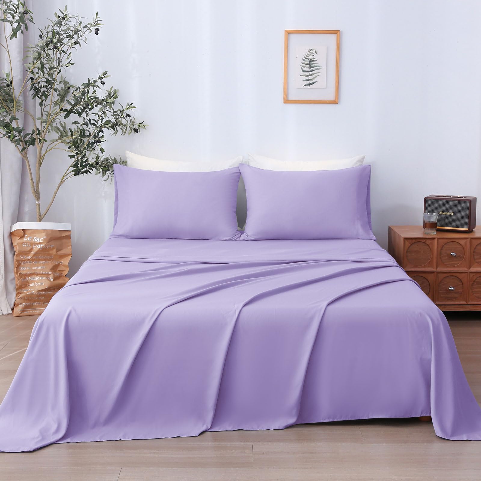 Lonava Queen Sheet Set 4 Pieces,Lavender Ultra Soft & Breathable Microbifer Sheets, 1600 Thread Count Hotel Luxury Oeko-Tex Bed