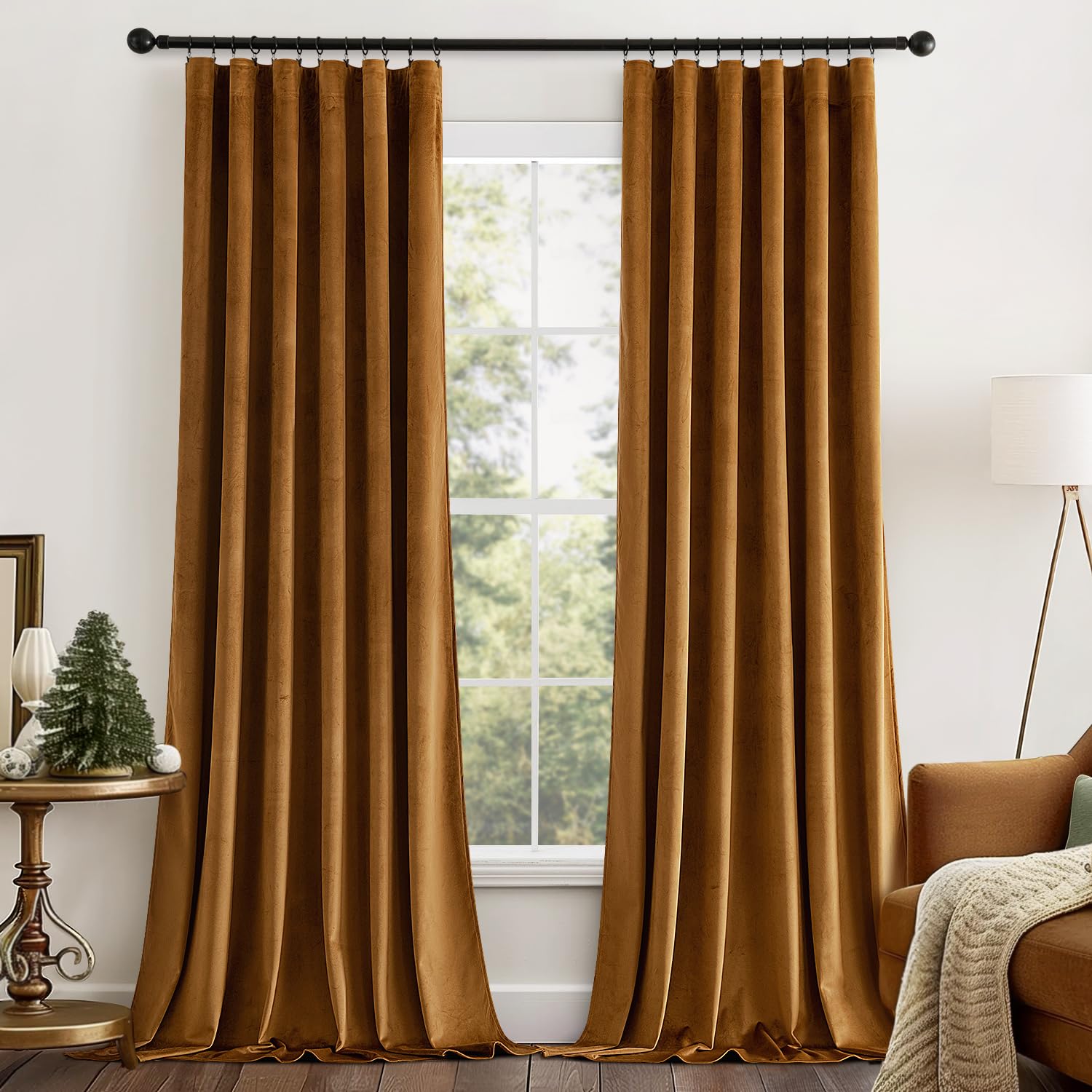 MIULEE Gold Brown Velvet Curtains 96 inches Long 2 Panels - Luxury Pinch Pleated Room Darkening Window Drapes for Bedroom Living