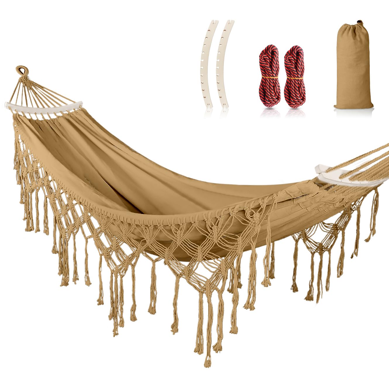 Mosfiata Backyard Hammock With Tassels Max 500Lbs Durable Canvas Fabric Bohemian Style With Thickened Rope And Carry Bag For Out