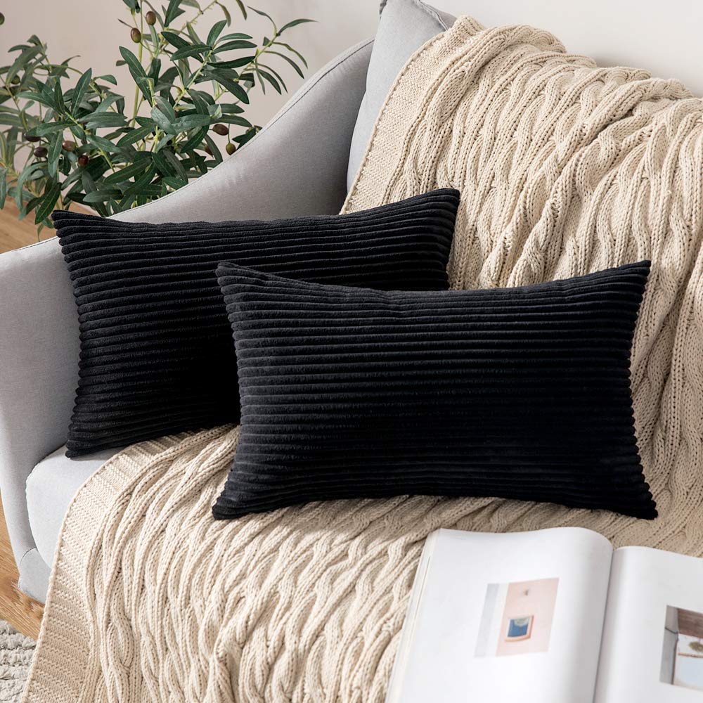Miulee Pack Of 2 Corduroy Pillow Covers 12 X 20 Inch Lumbar Throw Pillow Covers Black Pillowcases For Sofa Bedroom Couch