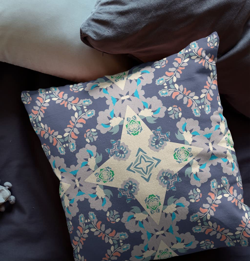 HomeRoots 28' X 28' Blue and Off White Broadcloth Floral Throw Pillow