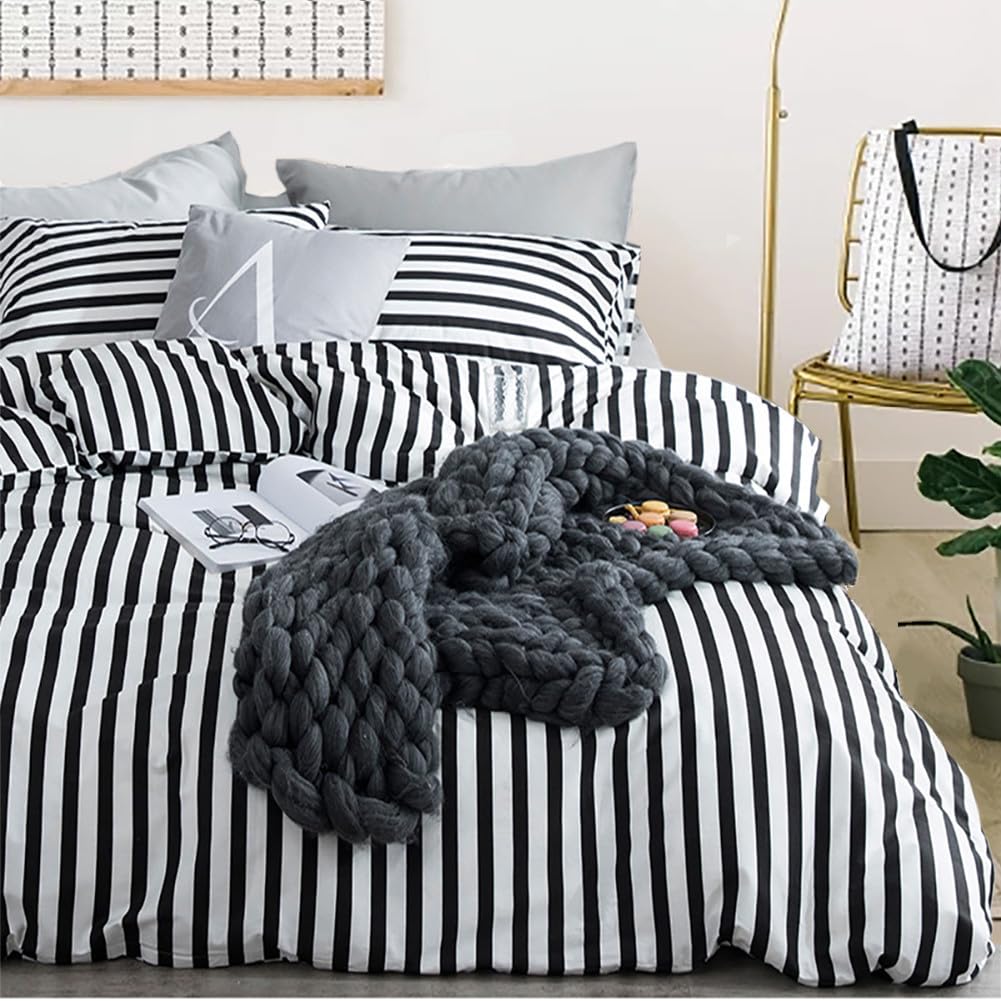 Karever White And Black Striped Comforter Set Full/Queen Soft Durable Striated Bedding Set Ticking Quilts For Girls Boys Hotel Q
