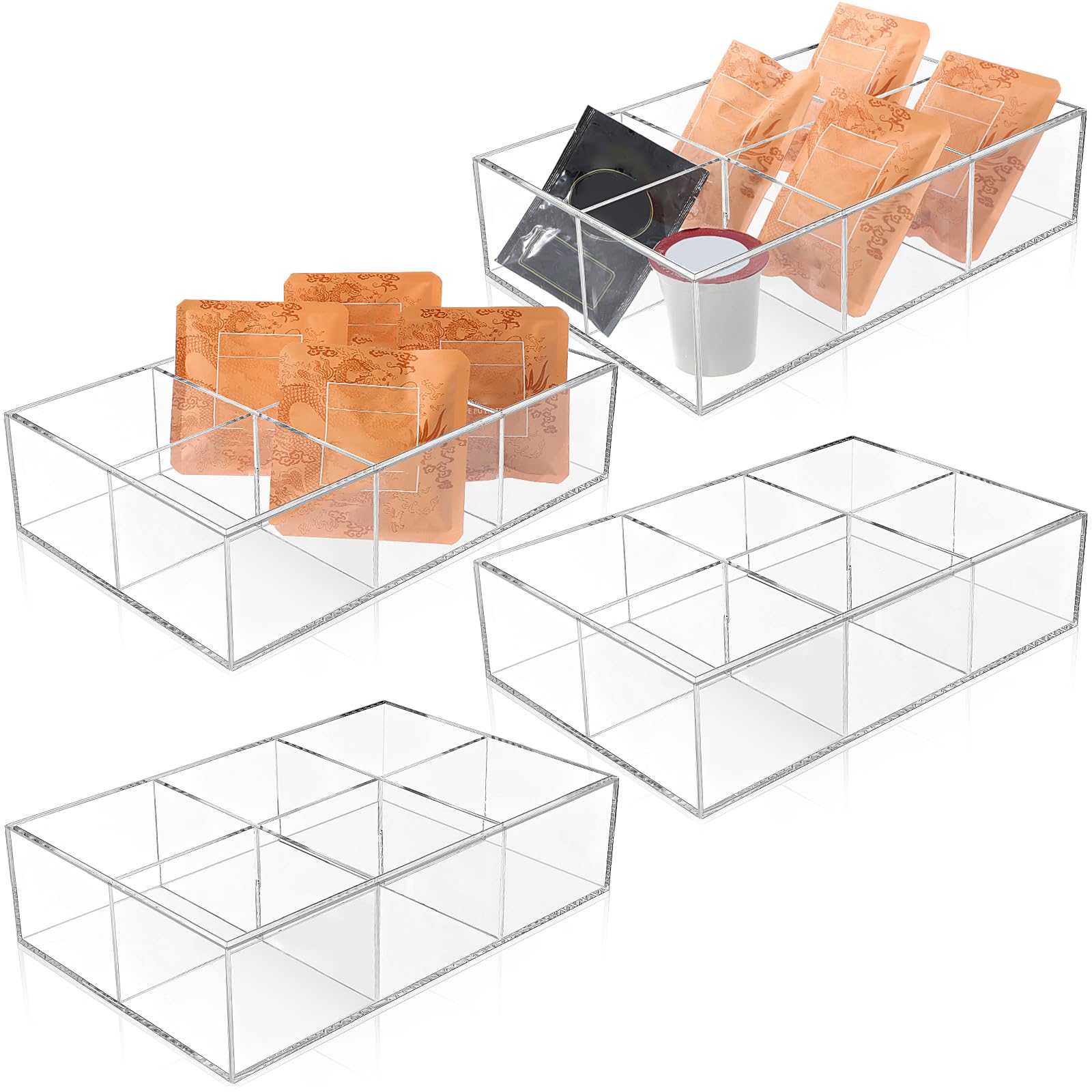 Maitys 4-Pack Modern Minimalist Transparent Acrylic Divided Storage Organizer With 6 Compartments - Clear Condiment Organizer Fo