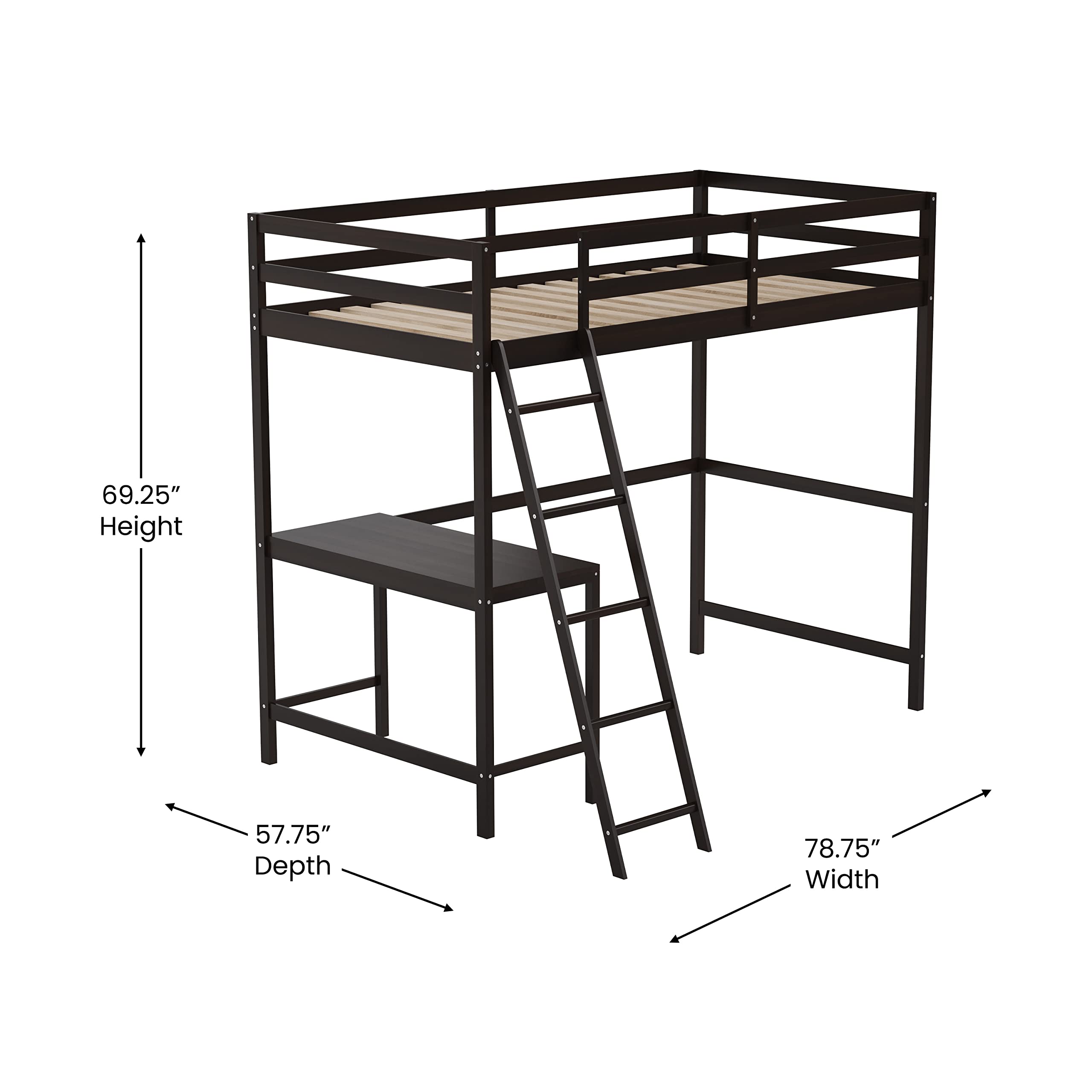 Flash Furniture Riley Loft Bed Frame with Desk - Espresso Wood Slats - Twin Size - Protective Guard Rails & Ladder - Kids and Teens - Space Saving Design