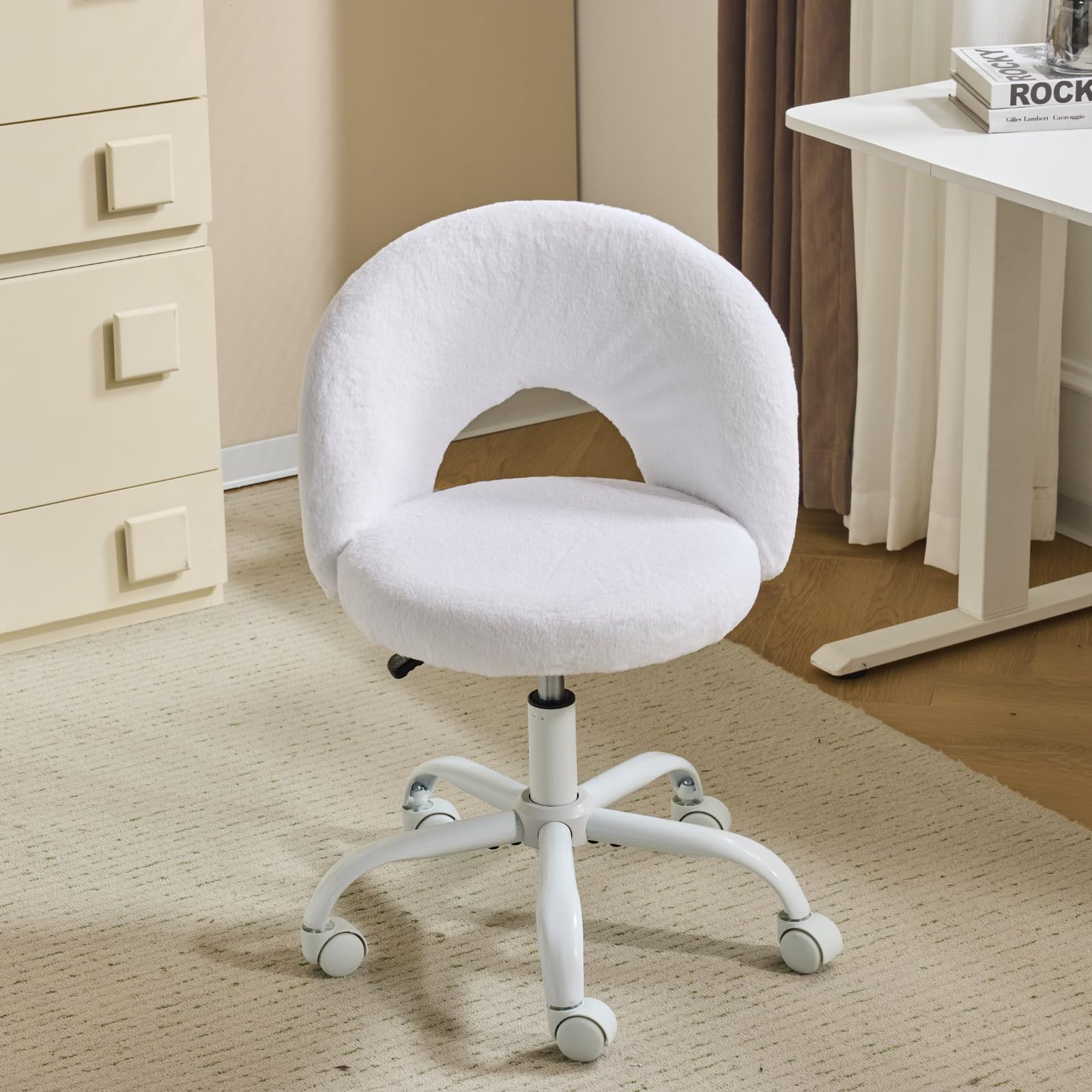 Vingli Small Vanity Chair With Faux Fur Wheels For Girls,Cute Armless Office Desk Chair,360Swivel Comfy Rolling For Study, Make