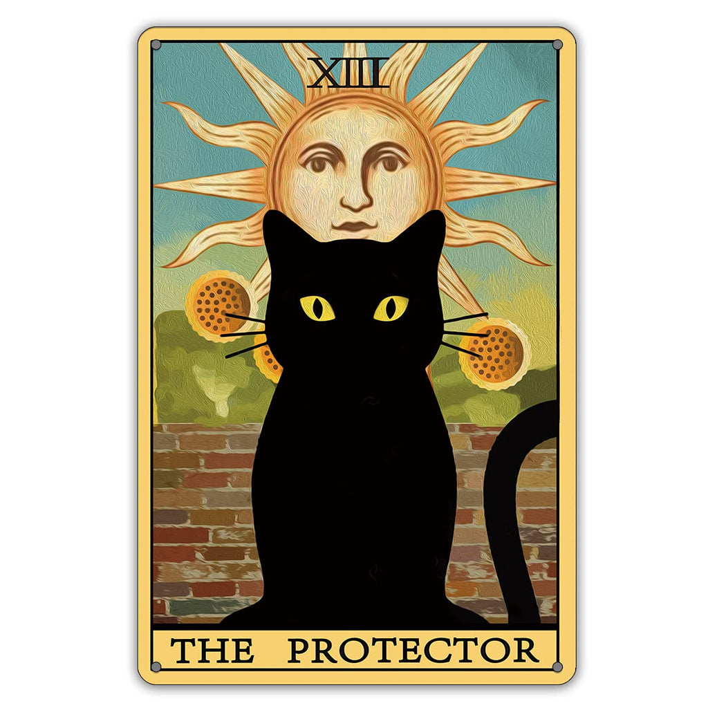 QIONGQI The Protector Tarot Cat Metal Tin Sign Wall Decor Farmhouse Rustic Black Cat Tarot Signs for Cat Lovers Home Decor Gifts