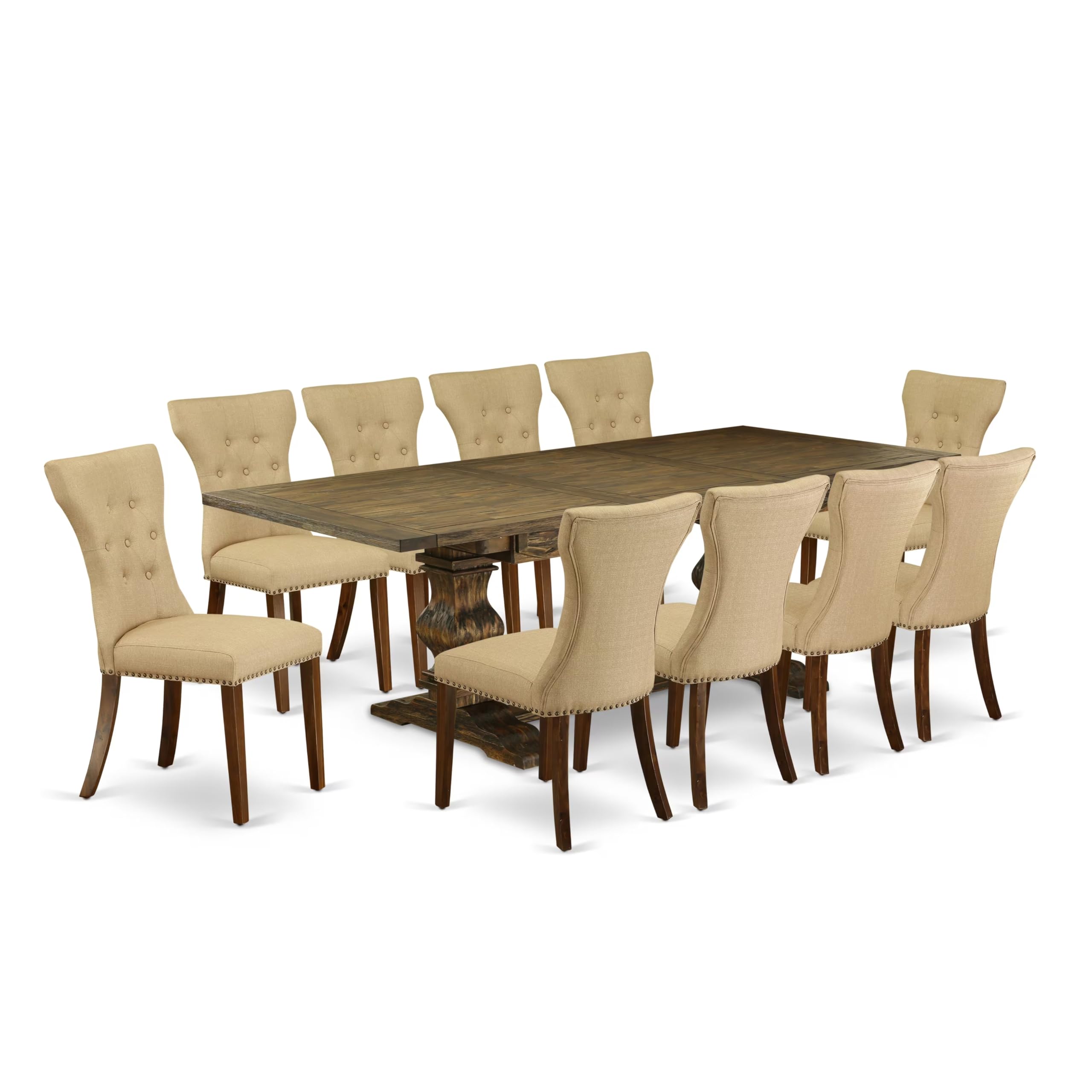 East West Furniture LAGA11-78-03 11 Piece Dining Table Set Includes a Rectangle Dining Room Table with Removable Leaf and 10 Brown Linen Fabric Upholstered Chairs, 42x92 Inch, Jacobean