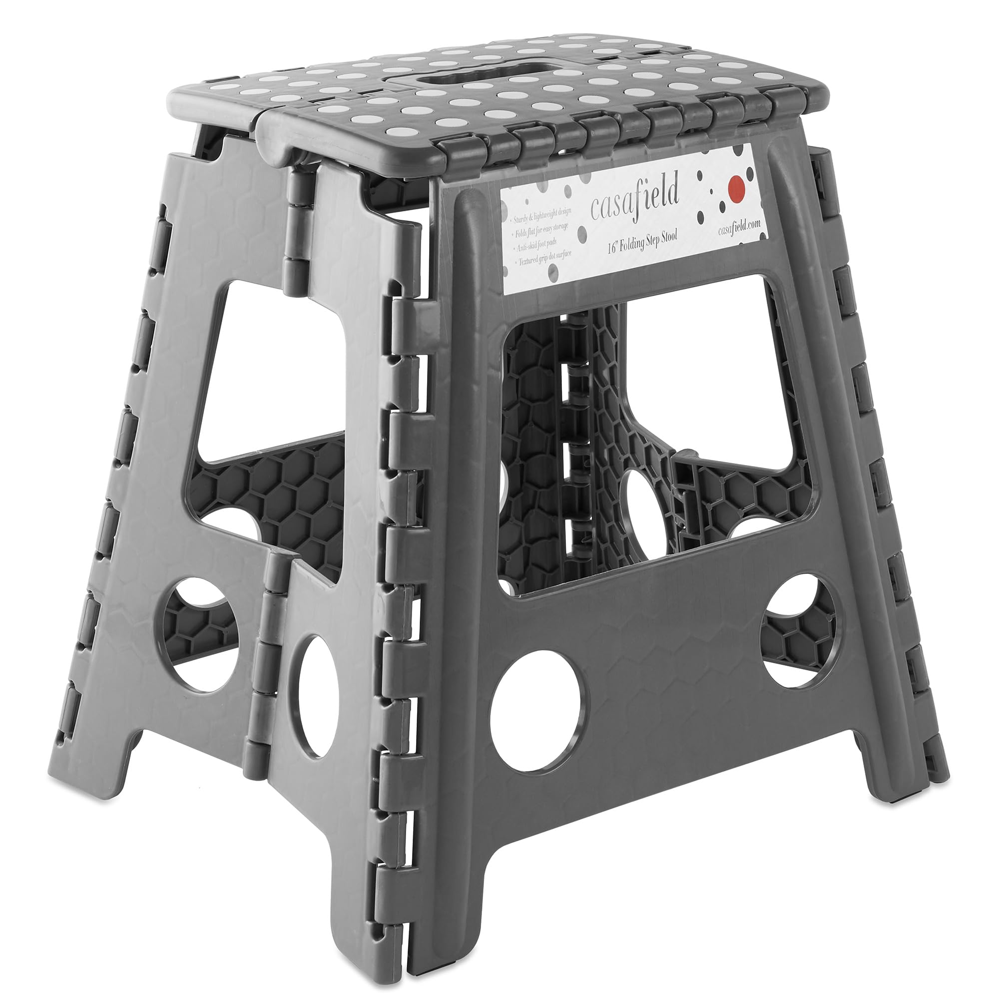 Casafield 16 Folding Step Stool with Handle, Black - Portable Collapsible Small Plastic Foot Stool for Adults - Use in The Kitch