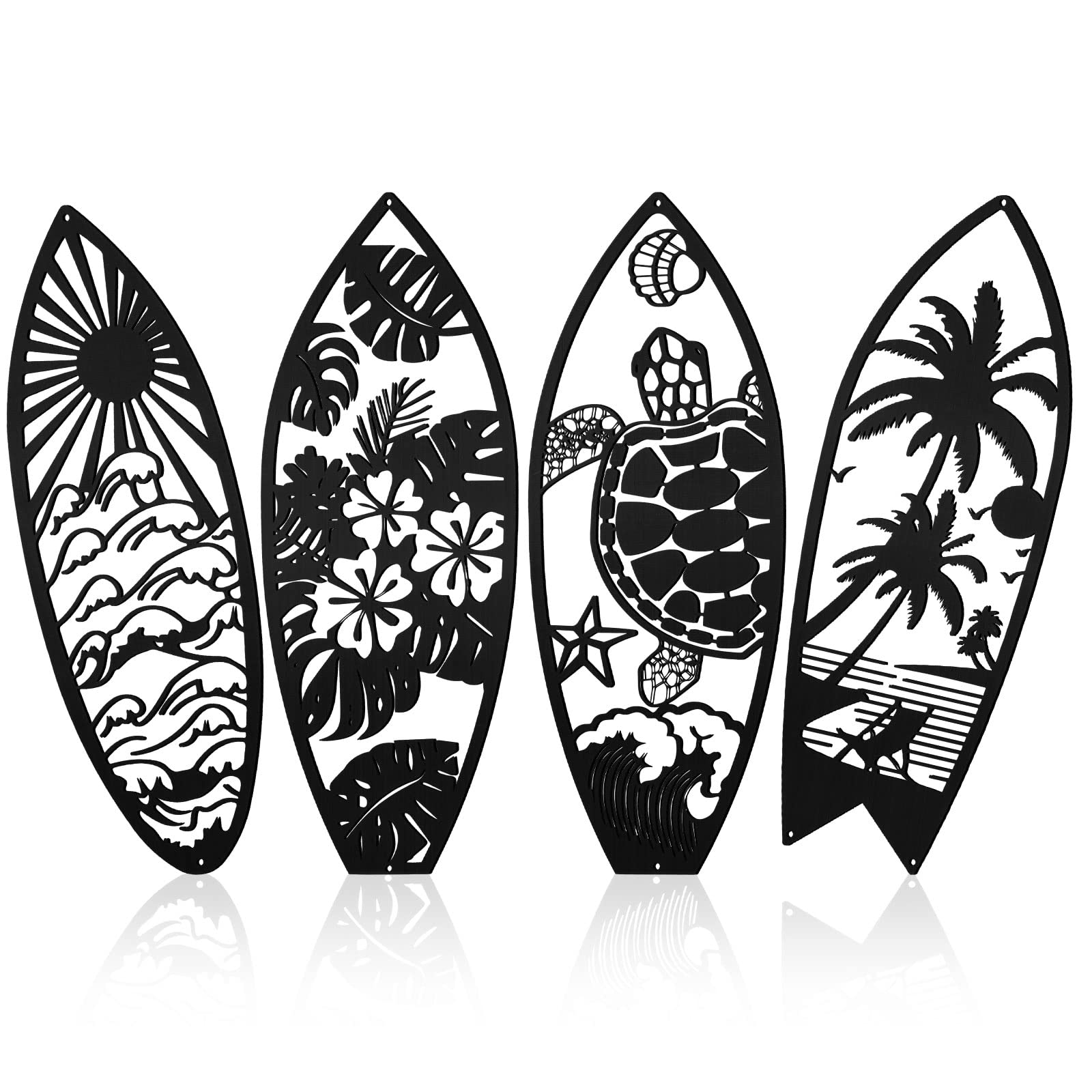 Therwen 4 Pcs Metal Surf Board Wall Decor Summer Tropical Metal Surfboard Beach Signs Wall Decor Tropical Wall Decor Palm Tree W