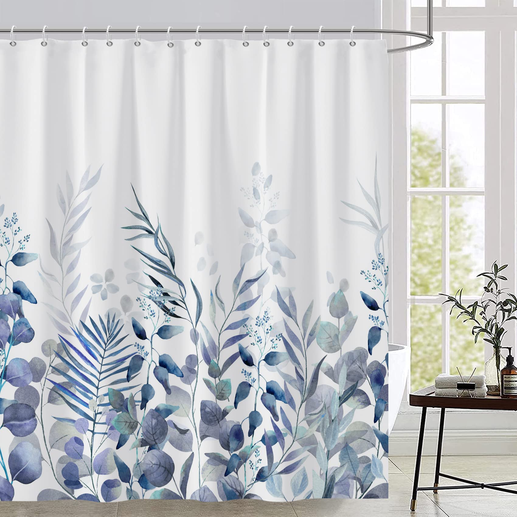AWERT Shower Curtain Plants for Bathroom,Waterproof Quick-Drying Blue Leaves Shower Curtain Set with Hooks 60x72 Inch