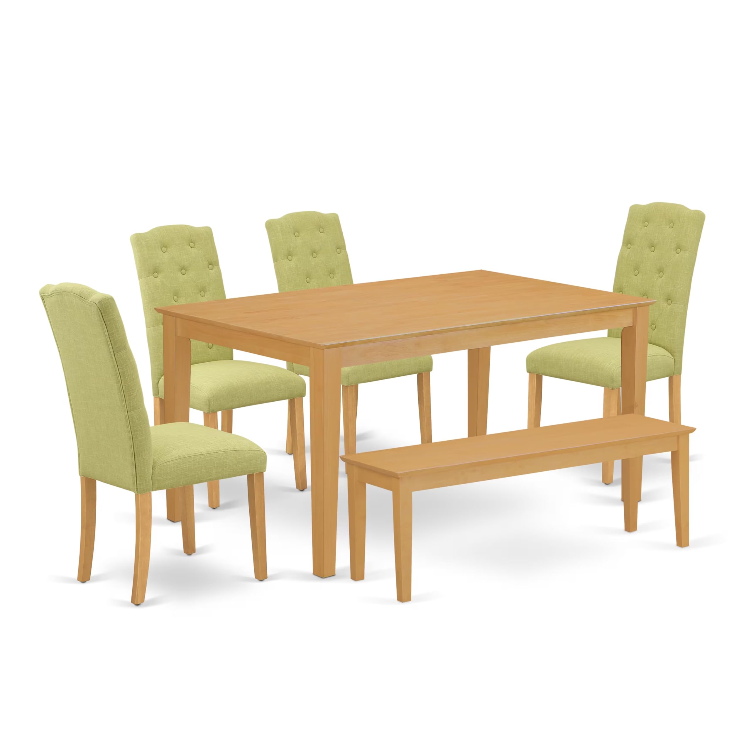 East West Furniture CACE6-OAK-07 6 Piece Dining Room Furniture Set Contains a Rectangle Dining Table and 4 Limelight Linen Fabric Upholstered Chairs with a Bench, 36x60 Inch, Oak