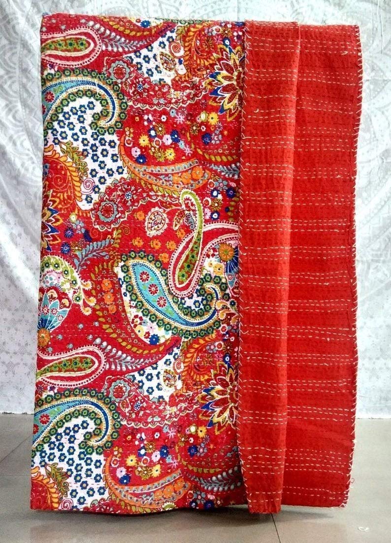 REGMESS Handmade Bedspread Kantha Quilt King Size Bohemian Bedspread Kantha Quilt Single (90 X 108 Inches (Queen Size), Red)