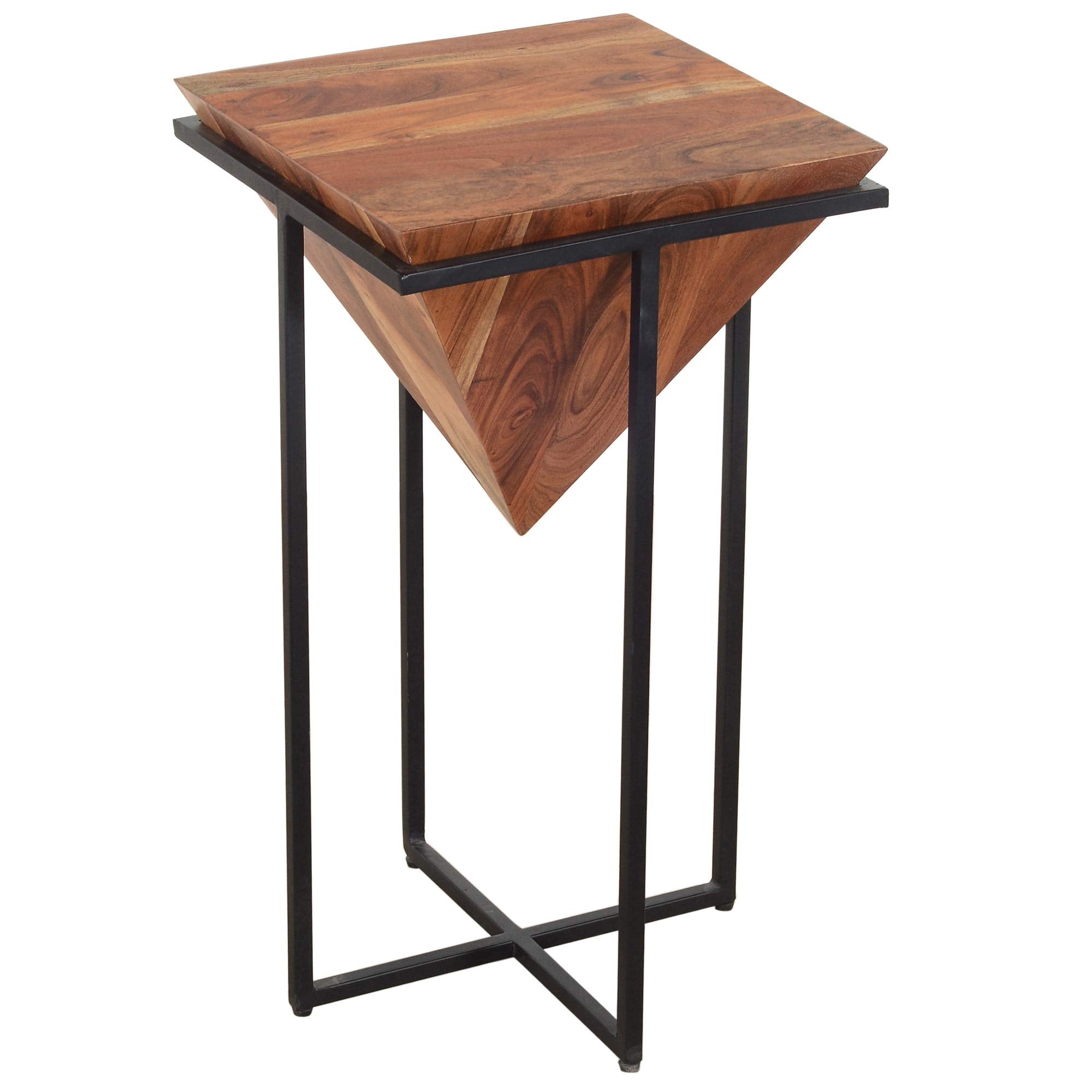 The Urban Port 26-Inch Pyramid Shape Wooden Side Table With Cross Metal Base, Brown And Black