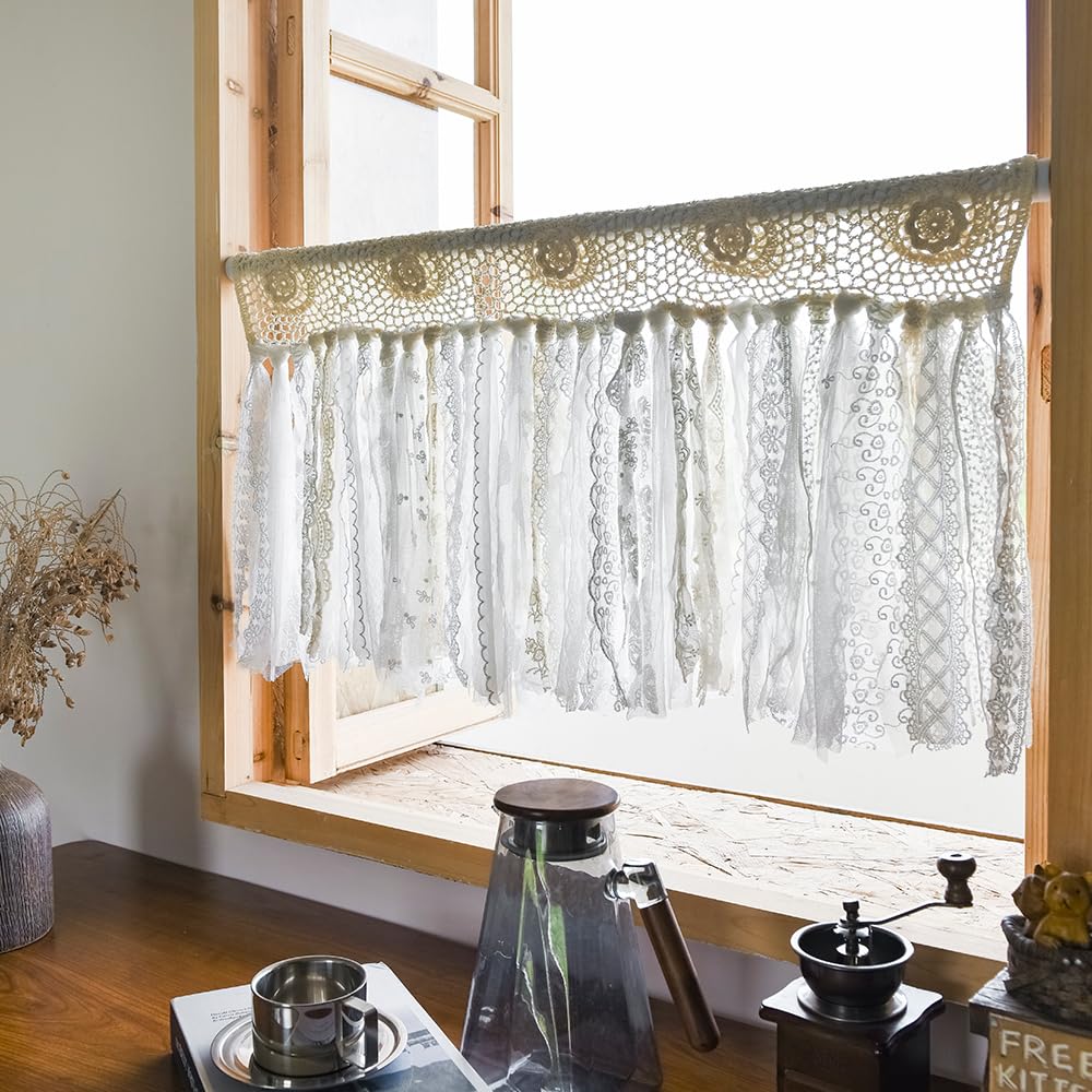 YJ YANJUN Boho Valances for Windows Handmade Cotton Crochet Lace Valance for Living Room Hollow Cafe Curtains 16 Inch Long Macra