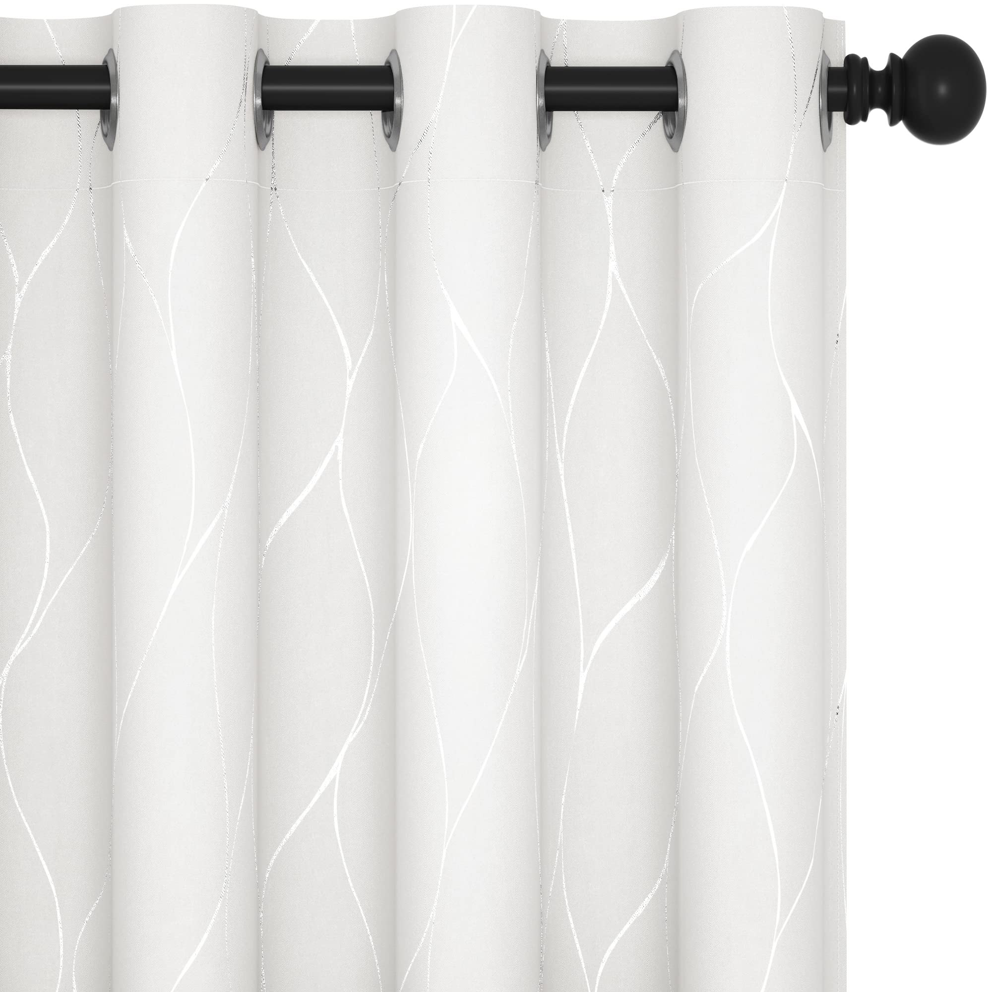 Deconovo Pure White Silver Wave Print Room Darkening Curtains 50% Light Blocking For Girls Room Smaill Windows, 52X54 Inch, Grom